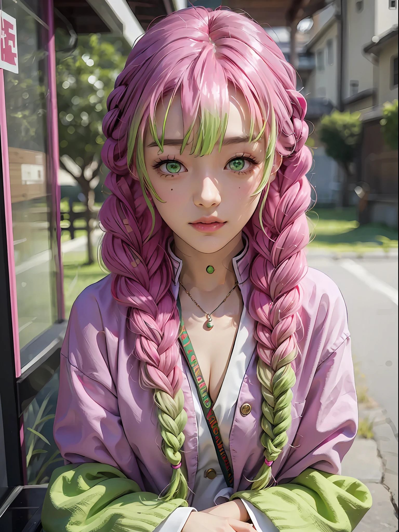 kanroji_mitsuri、1girl (Master peace、) (sthe highest qualit)(Shiny hair)(Glossy skin)、(gradation hair、GREEN、pink hair、Braids:1.2)、