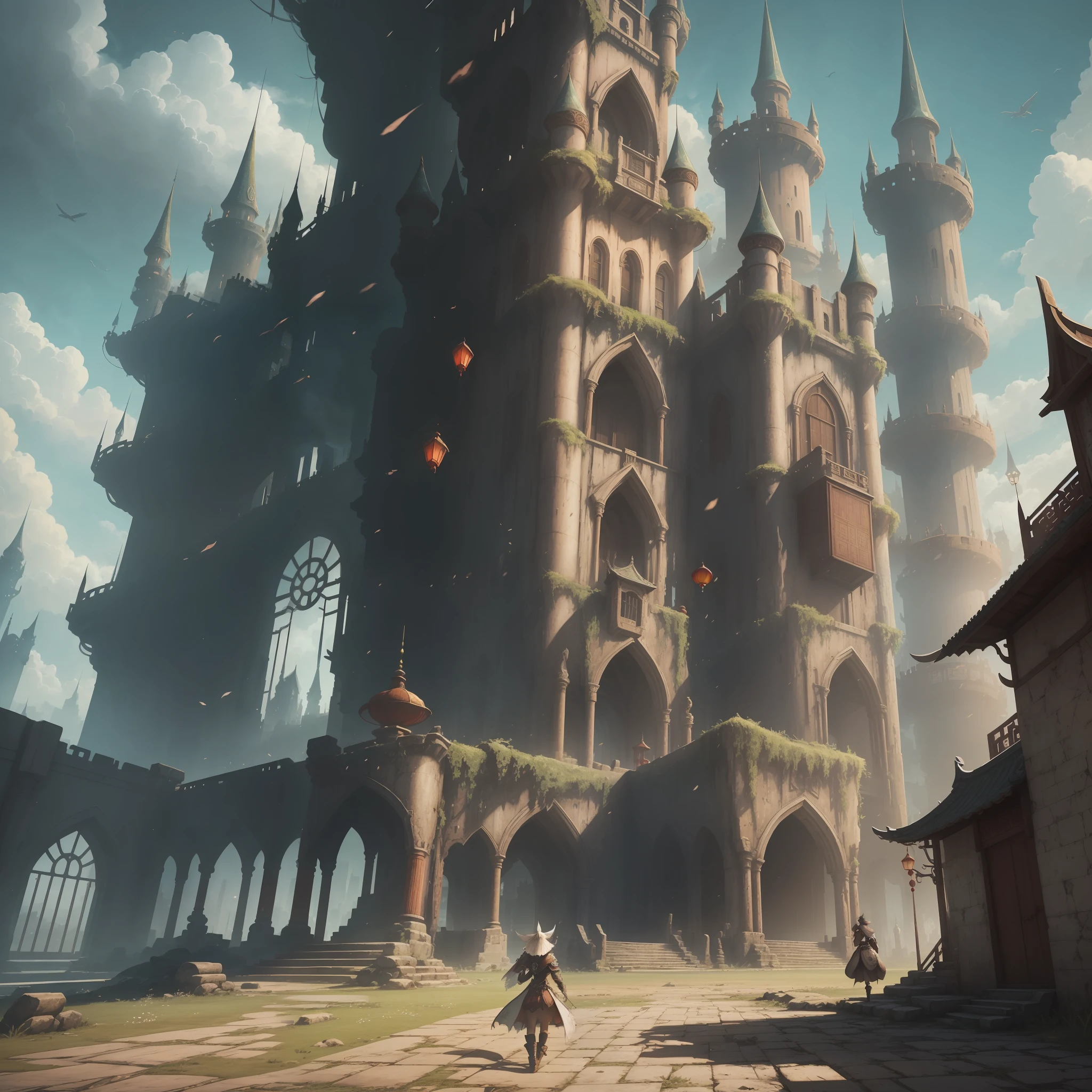 There is an image of an image of a city with a sky background, loading screen. 8K resolution, just visited during dreams, fantasy world concept, cyberpunk ancient chinese castle, in front of a fantasy city, from Bravely Default II, from NCSofil, charming and supernatural, travel announcement, set