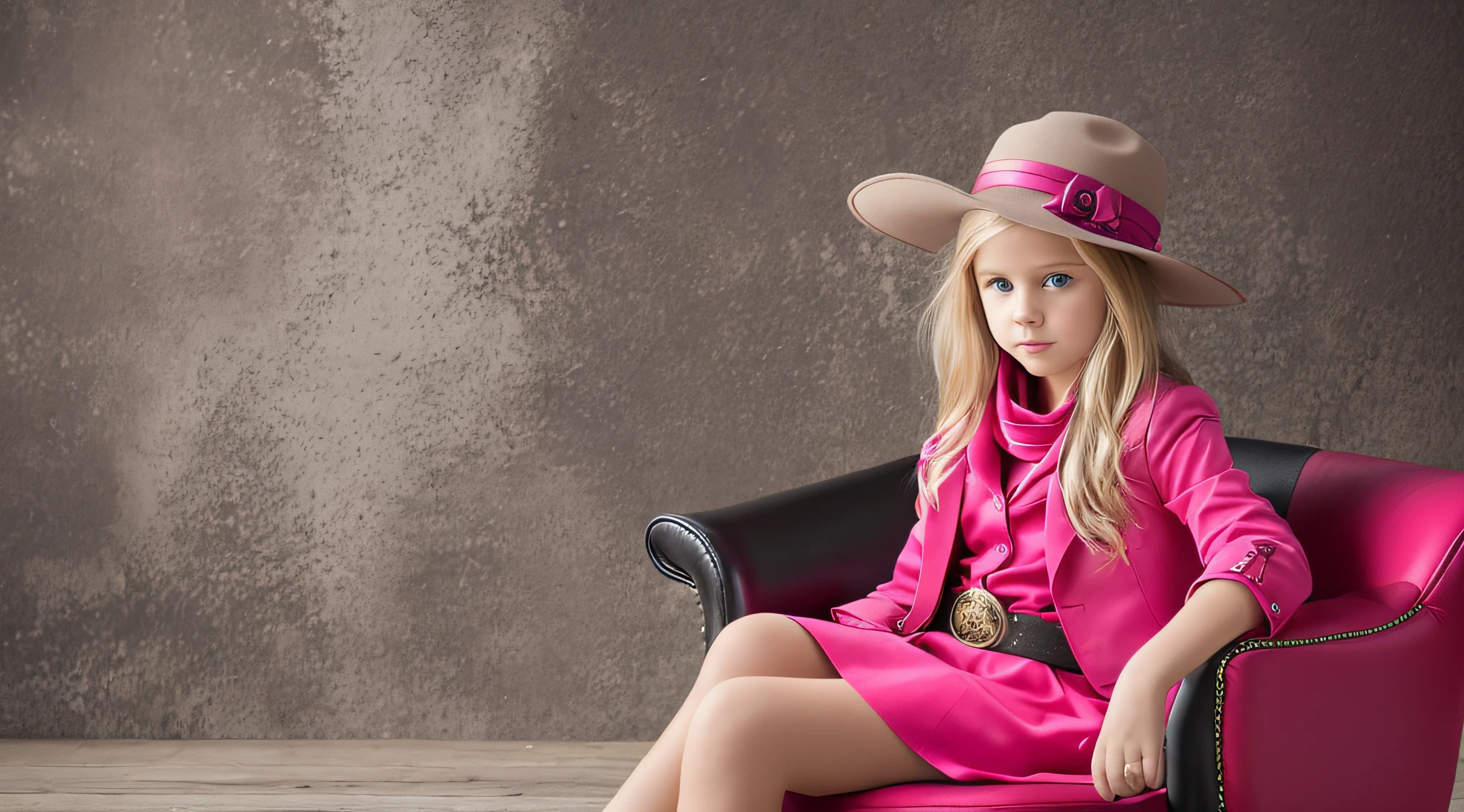 BLONDE CHILD girl,wearing a pink hat and scarf sitting on a black leather chair, photo from a promotional session, promotional photoshoot, young girl, beautiful young model, pink cowboy hat, young teenager, photo shoot, photoshoot, inspired by Toros Roslin, red dress and hat, modeling essay, young and beautiful girl, studio portrait photography,  photoshoot solo --auto --s2