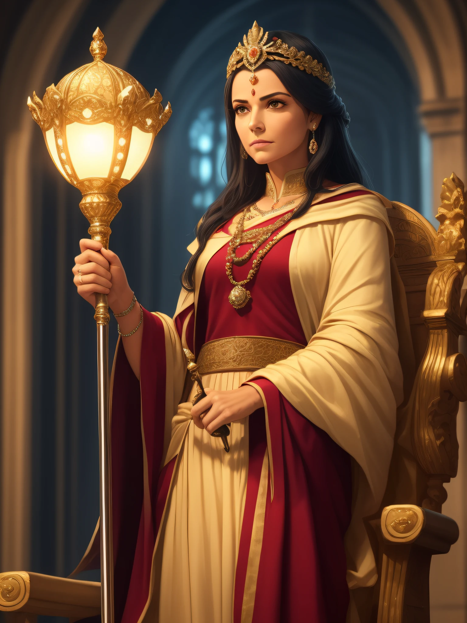 ((mulher de 45 anos)), cabelo azuis, seios pequenos, Setting of a royal hall with slightly high night light, (corpo perfeito), Usando o controlador preto, holding a scepter in his right hand, mysterious expression on the face, sentada em seu trono, (ultra detalhado: 1.3), (autadefinição: 1,6)