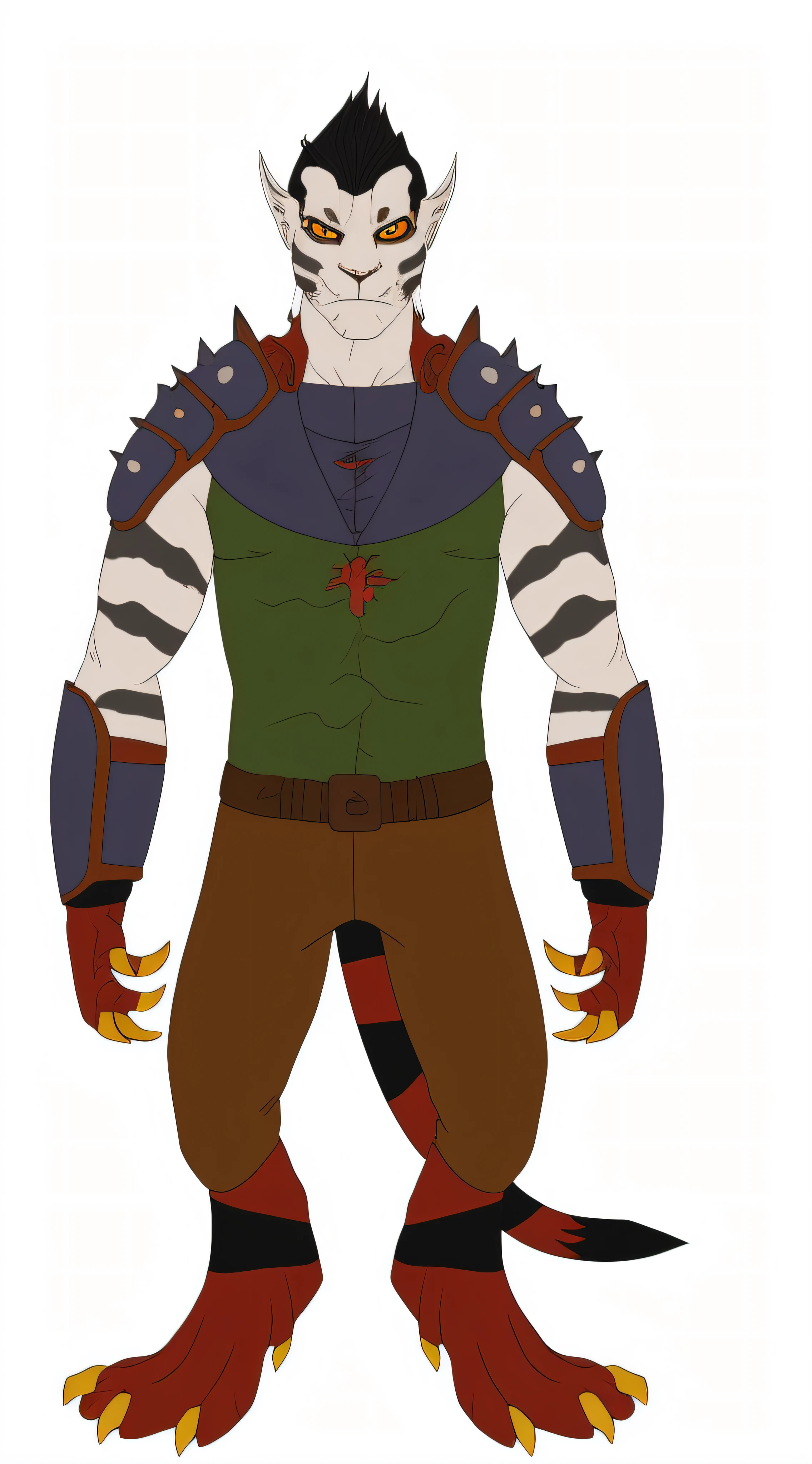 Na'VI male hybrid with claws, dragon paws, queimadura no rosto,com cabelo moicano ,um colar de cristal vermelho, orelhas de tigre,um bracelete roxo nos 2 braços, arms with black tiger stripes, o olho esquerdo cego
