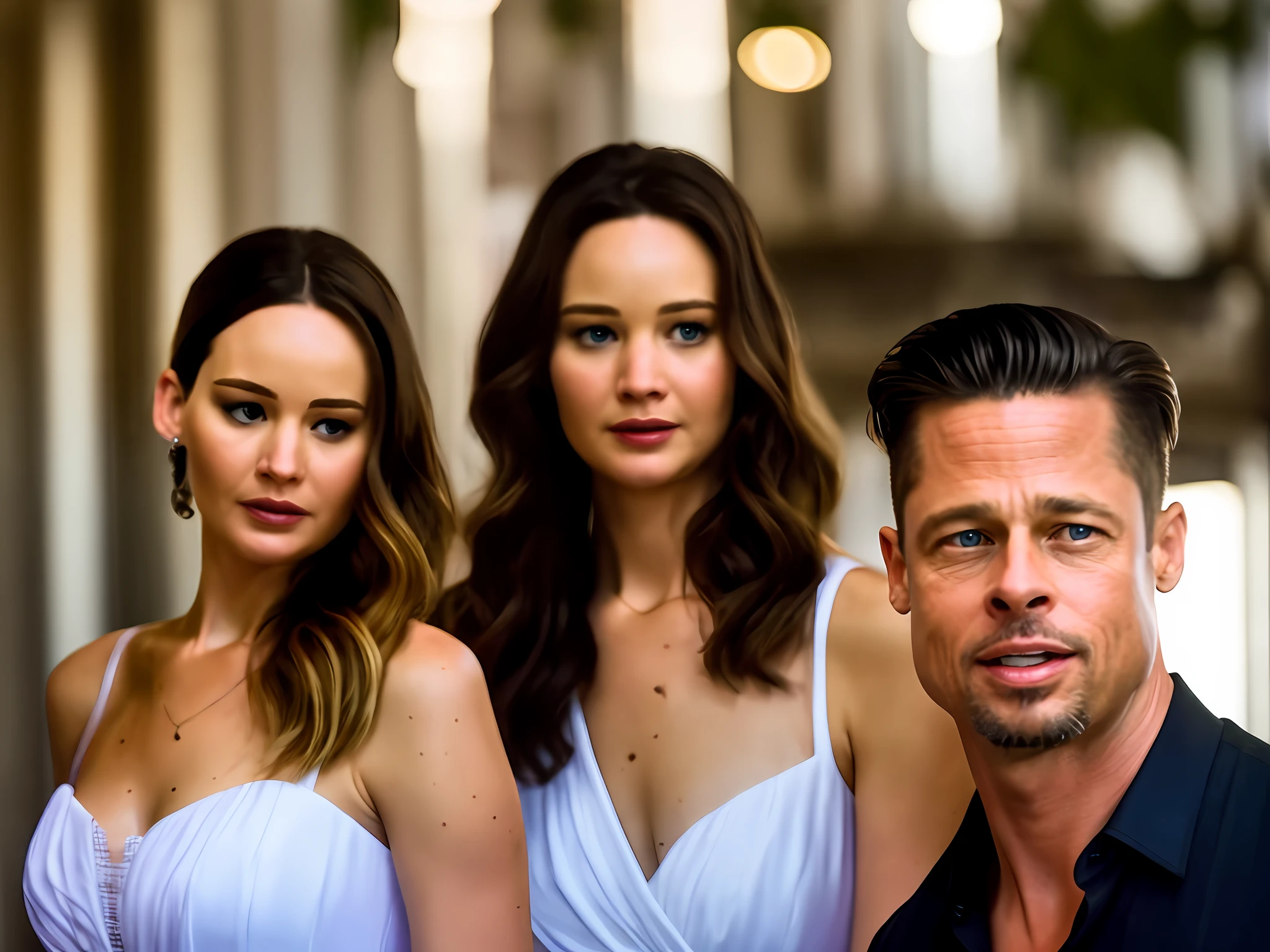 Hyper realistic selfie of Brad pitt and Jennifer Lawrence on a show. 8k. Hdr. Ultra detailed. Obra-prima, jennifer lawrence perfect face, photo, photography, realism