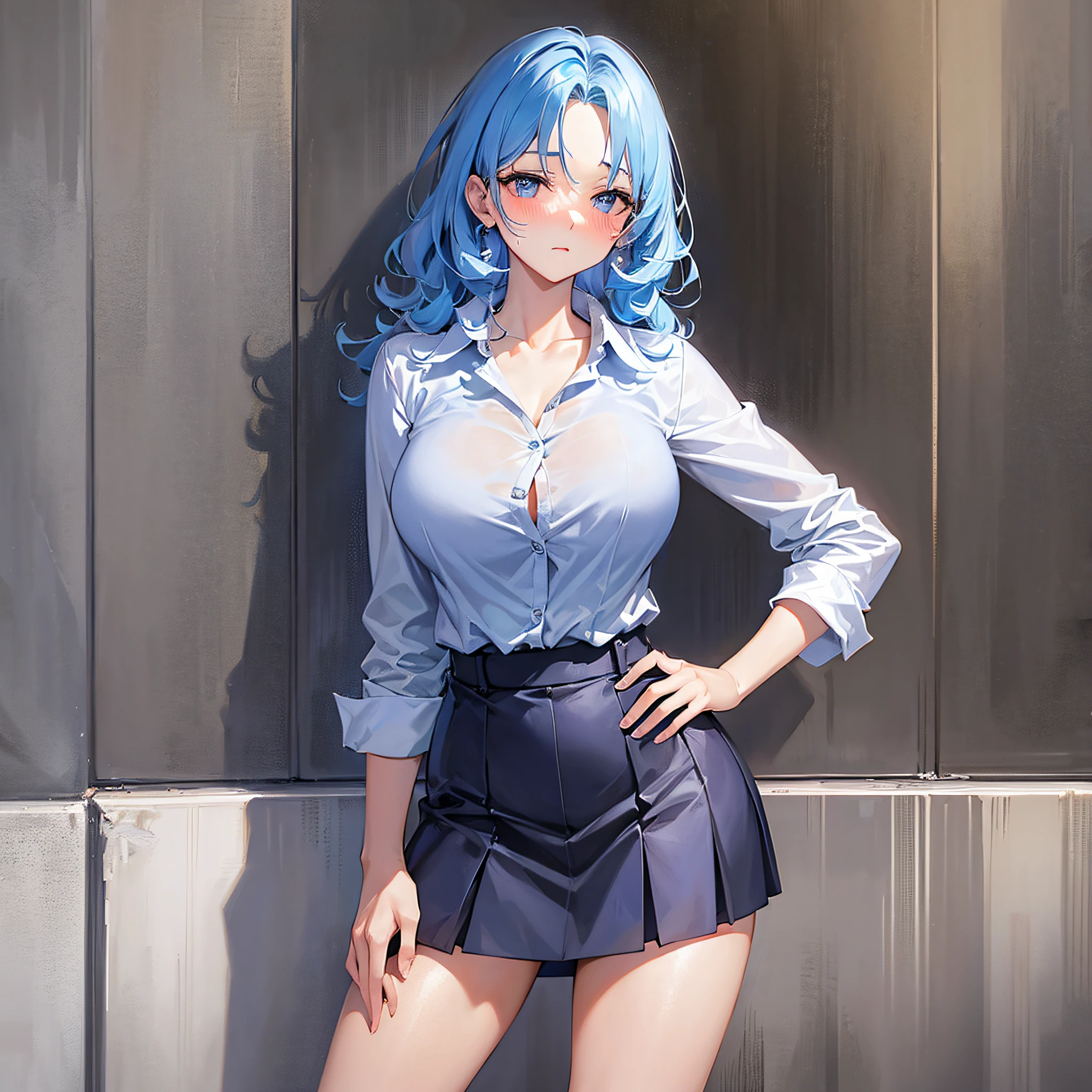 Absolutely beautiful cat lady, perfect slim body, mature, sky blue hair, large curly hair, college uniform, sexy and alluring, beautiful face, full body portrait, standing pose, 4K picture quality, big body, feminine expression, blush shy, outrageous bust, deep eyes,
