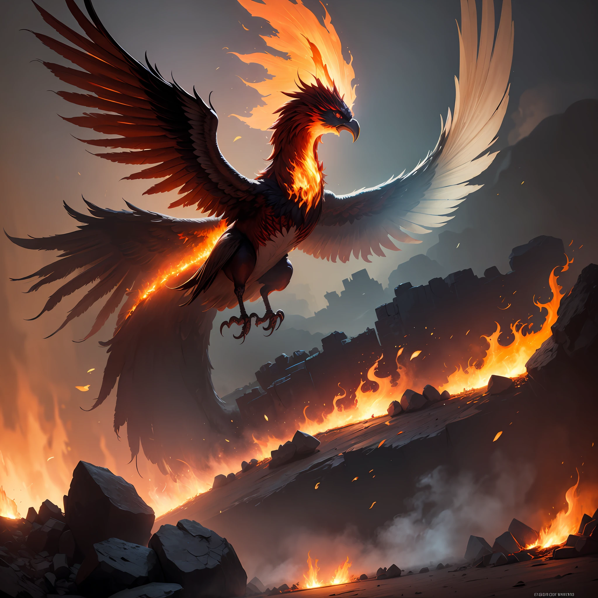 A phoenix shrouded in fire with orange and red wings flying --auto