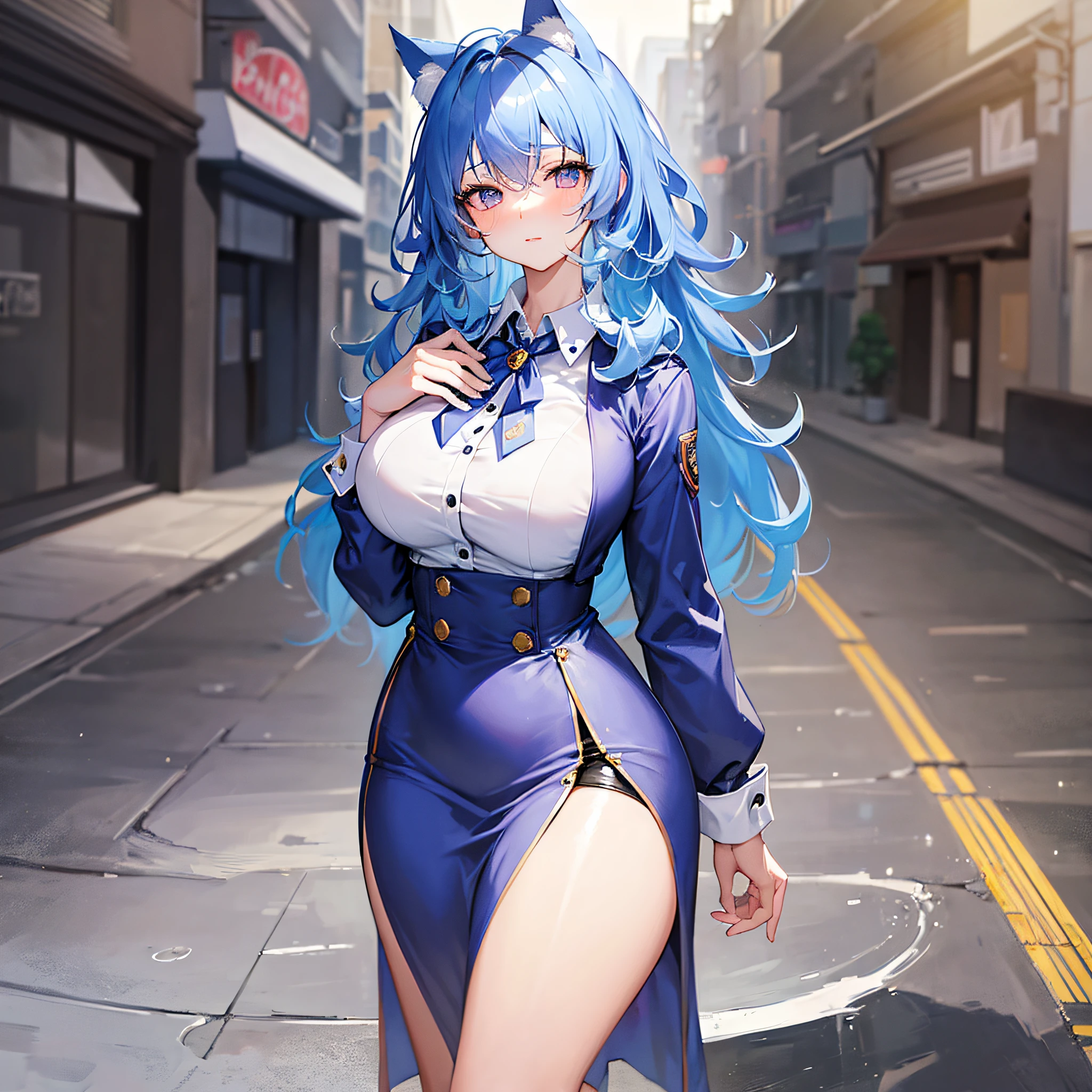 Absolutely beautiful cat lady, perfect slim body, mature, sky blue hair, large curly hair, college uniform, sexy and alluring, beautiful face, full body portrait, standing pose, 4K picture quality, big body, feminine expression, blush shy, outrageous bust, deep eyes,