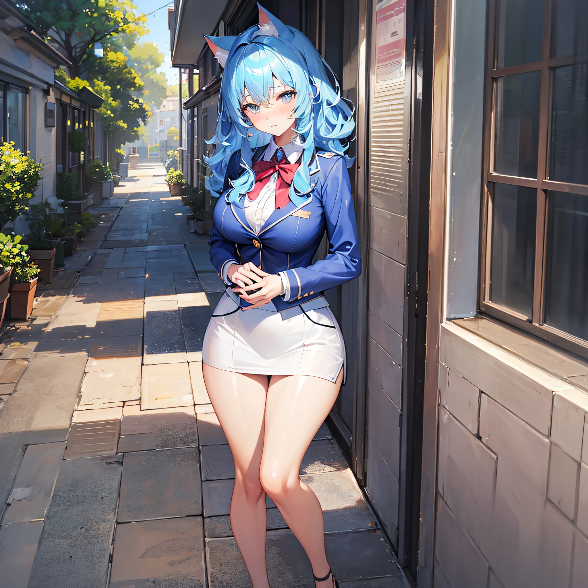 Absolutely beautiful cat lady, perfect slim body, mature, sky blue hair, large curly hair, college uniform, sexy and alluring, beautiful face, full body portrait, standing pose, 4K picture quality, big body, feminine expression, blush shy, outrageous bust, deep eyes,