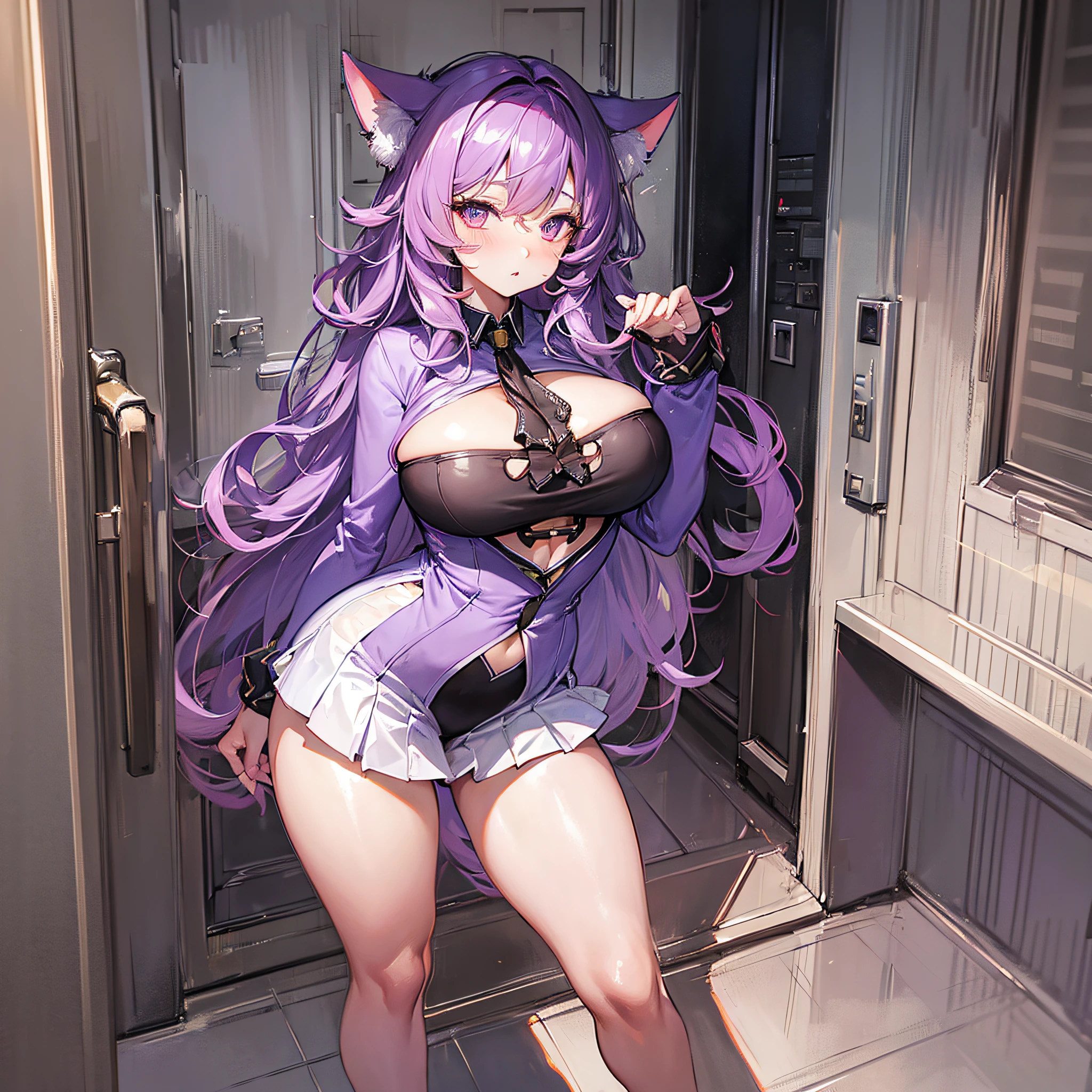 Absolutely beautiful cat lady, perfect slim body, mature, purple hair, large curly hair, college uniform, sexy and alluring, beautiful face, full body portrait, standing pose, 4K picture quality, big body, feminine expression, blush shyness, outrageously large bust, deep eyes,