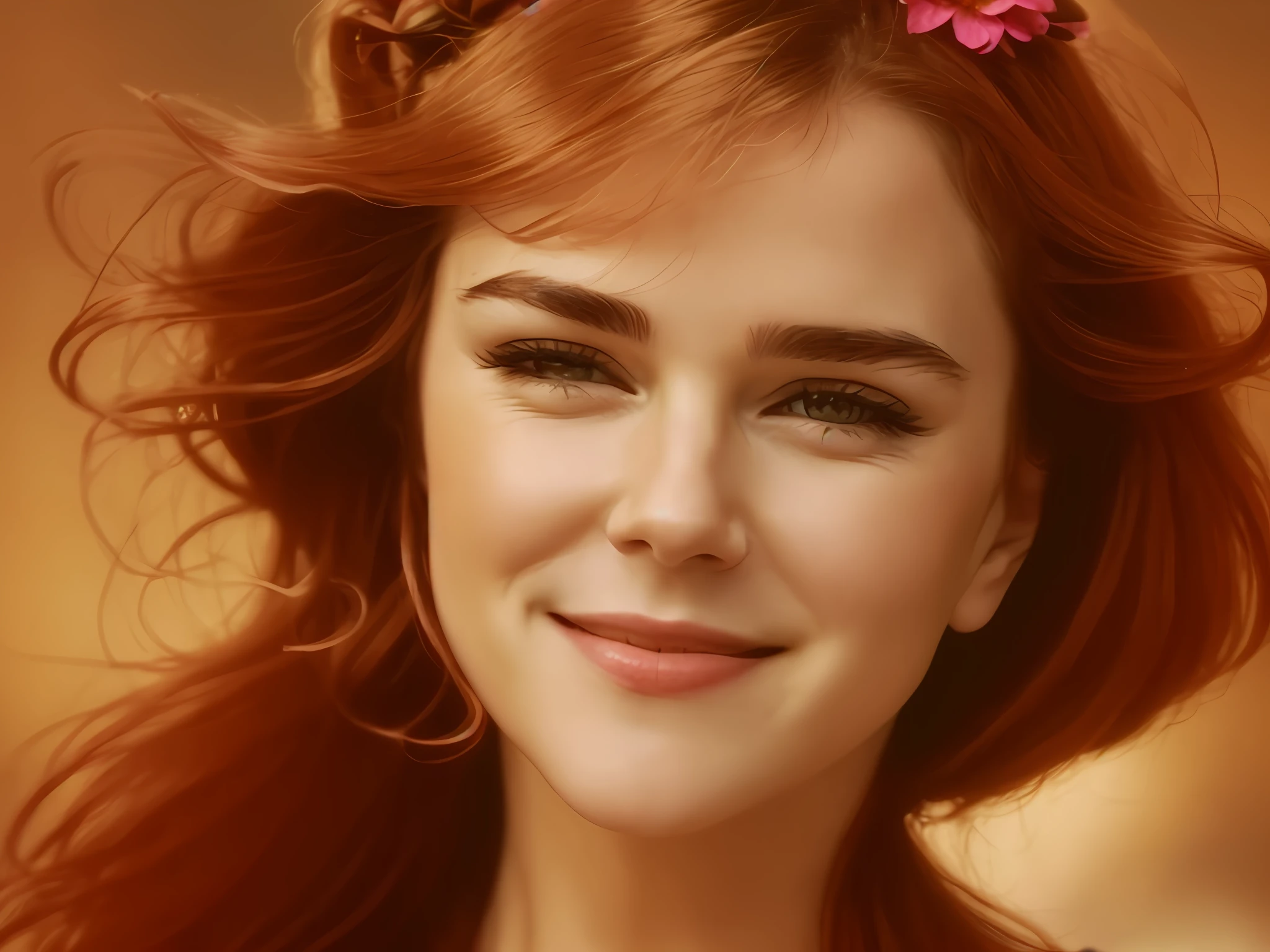 arafed woman with a flower in her hair smiling for a picture, young nicole kidman, young jennifer connelly, vhs screencap, 1970, 1 9 7 0, 1977, 1 9 7 7, bjork smiling, 1 9 7 4, 1974, 1976, 1 9 7 6