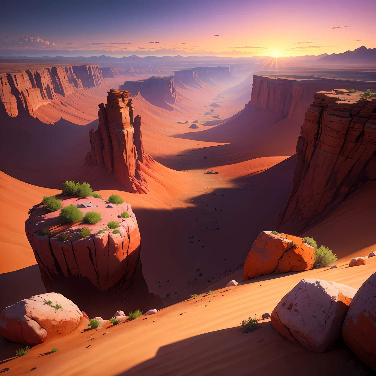(digital painting),(best quality), eye level shot of a rocky desert scene, there are plains in the foreground and mountains or cliffs in the background, there is a bright orange sunset in the horizon, fading upwards into a warm dark purple sky