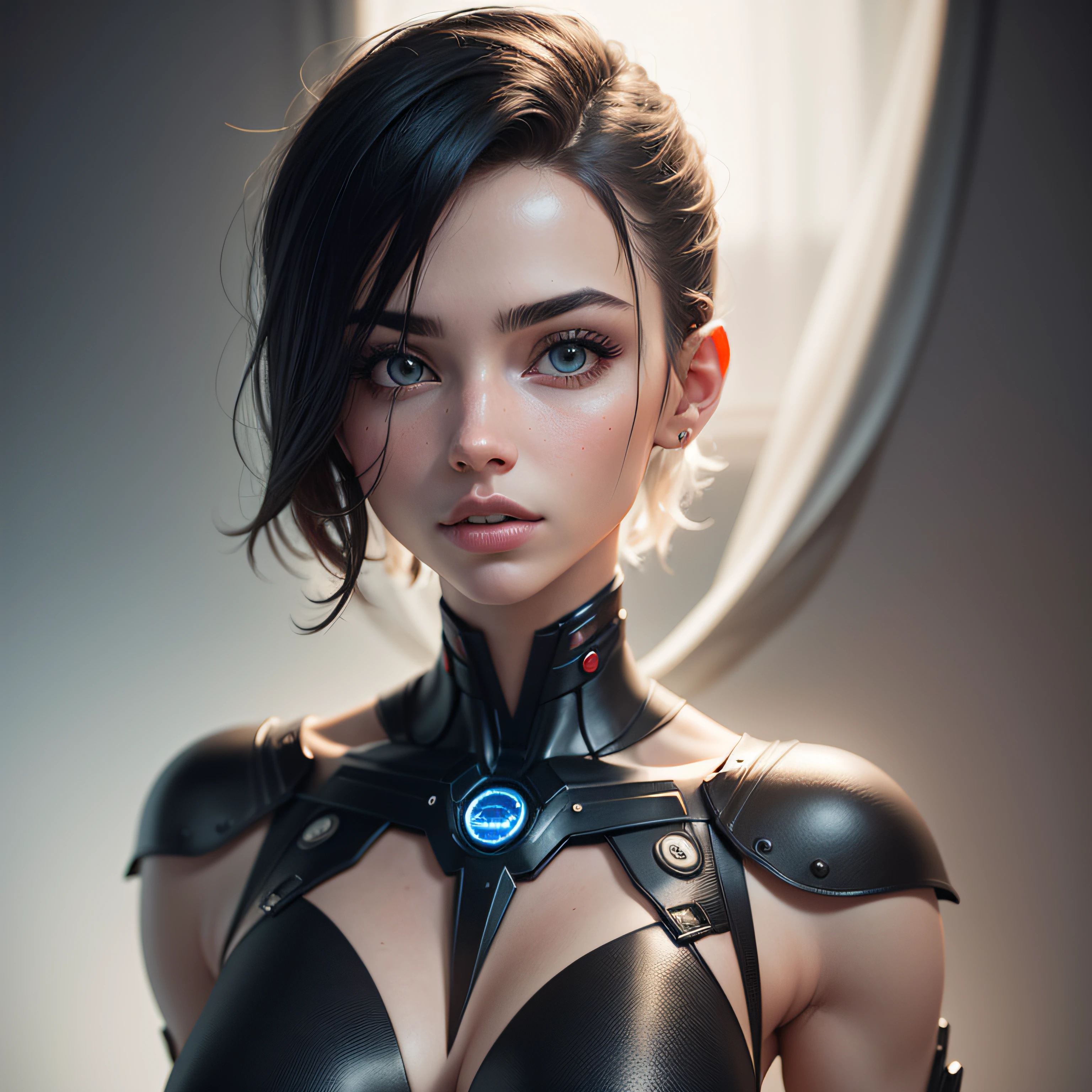 fotografia realista, fotorrealista, realismo, contraste, fotografia, obra prima, cyborg , ethereal beauty, ethereal, ultra realista, Como uma Yael Shelbia, 3d, renderização 3d, porcelana, Melhor qualidade, anatomia humana, cabelos reais, cabelos curtos, Asymmetrical Cut Hair, cabelo em movimento, seios enormes, anatomia humana, posando para foto, translucido, (ethereal, Sonho), formidable, papel de parede 8k, Realistic Textures Dramatic Lighting, Trending na Art Station Cinestill 800 --auto