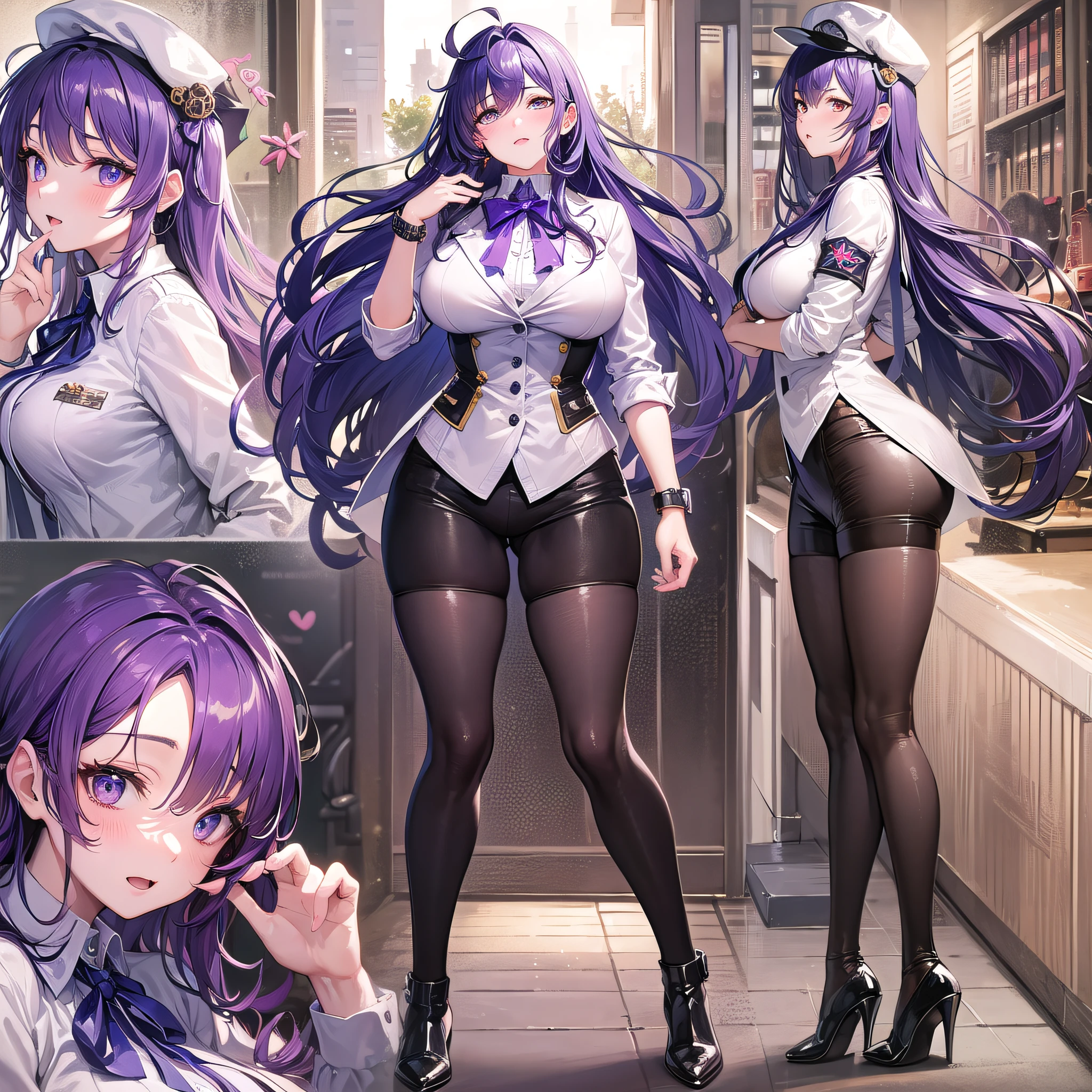 Absolutely beautiful cat lady, perfect slim body, mature, purple hair, large curly hair, college uniform, sexy and alluring, beautiful face, full body portrait, standing pose, 4K picture quality, big body, feminine expression, blush shyness, outrageously large bust, deep eyes,