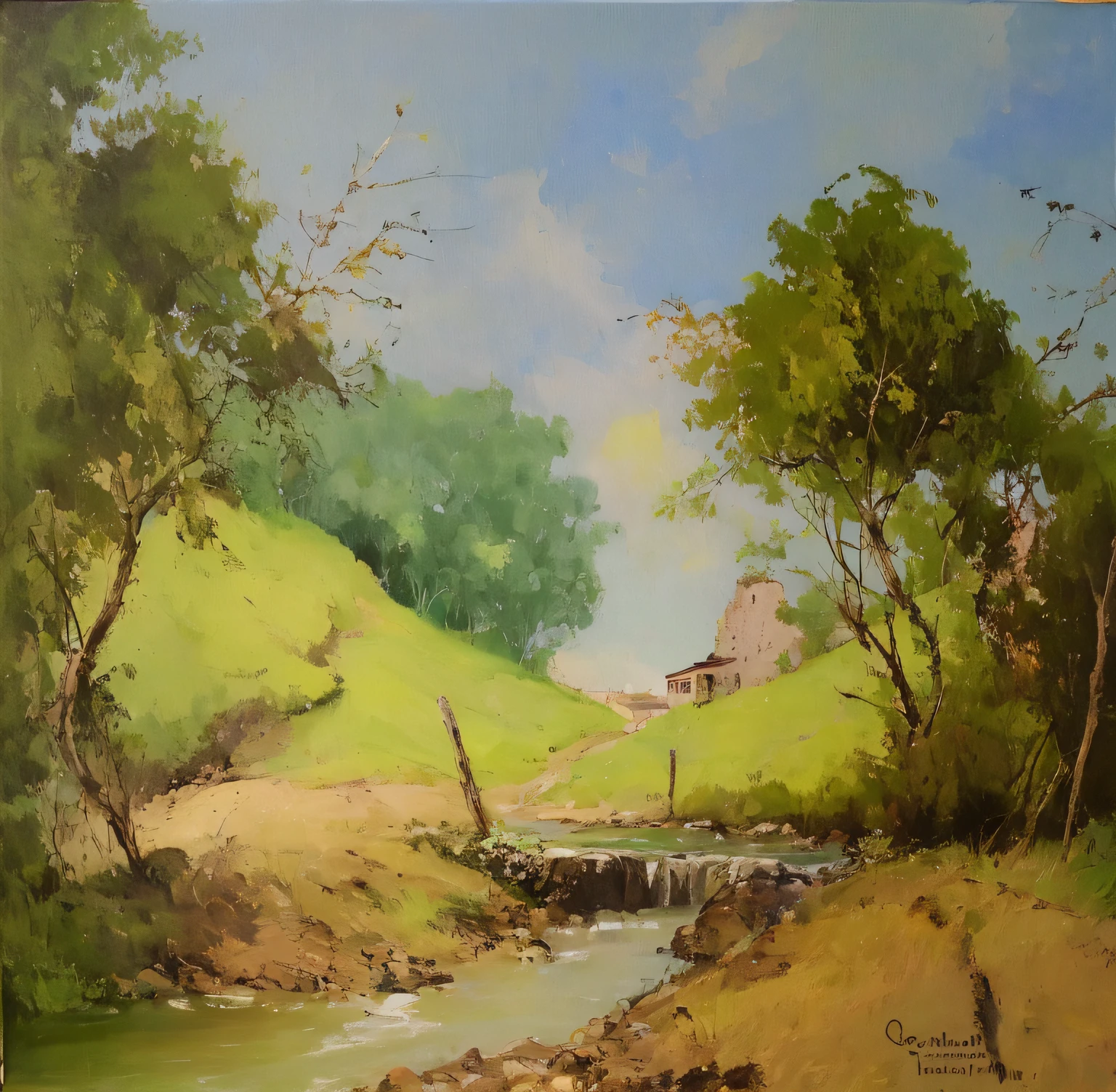 painting of a stream running through a lush green field with a house in the distance, paisagem arejada, Direction: Herbert MacNair, country landscape, paisagem rural, peaceful scene, Direction: Benito Quinquela Martin, Direction: Charles Alston, cena serena, Direction: Osvaldo Romberg, scenic landscape, Direction: Carlos Francisco Chang Marin, Direction: Rodolfo Escalera