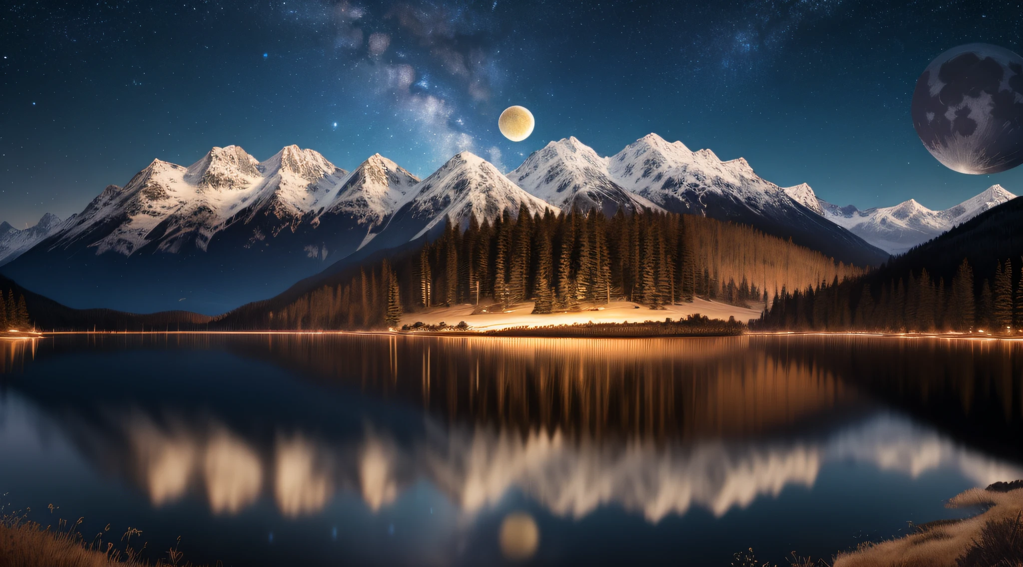 Very starry night. A giant moon behind the mountains. A tranquil lake reflecting the night. Realistic scene, detailed, photorealism, 8k