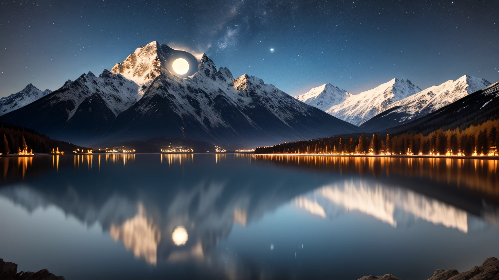 Very starry night. A giant moon behind the mountains. A tranquil lake reflecting the night. Realistic scene, detailed, photorealism, 8k