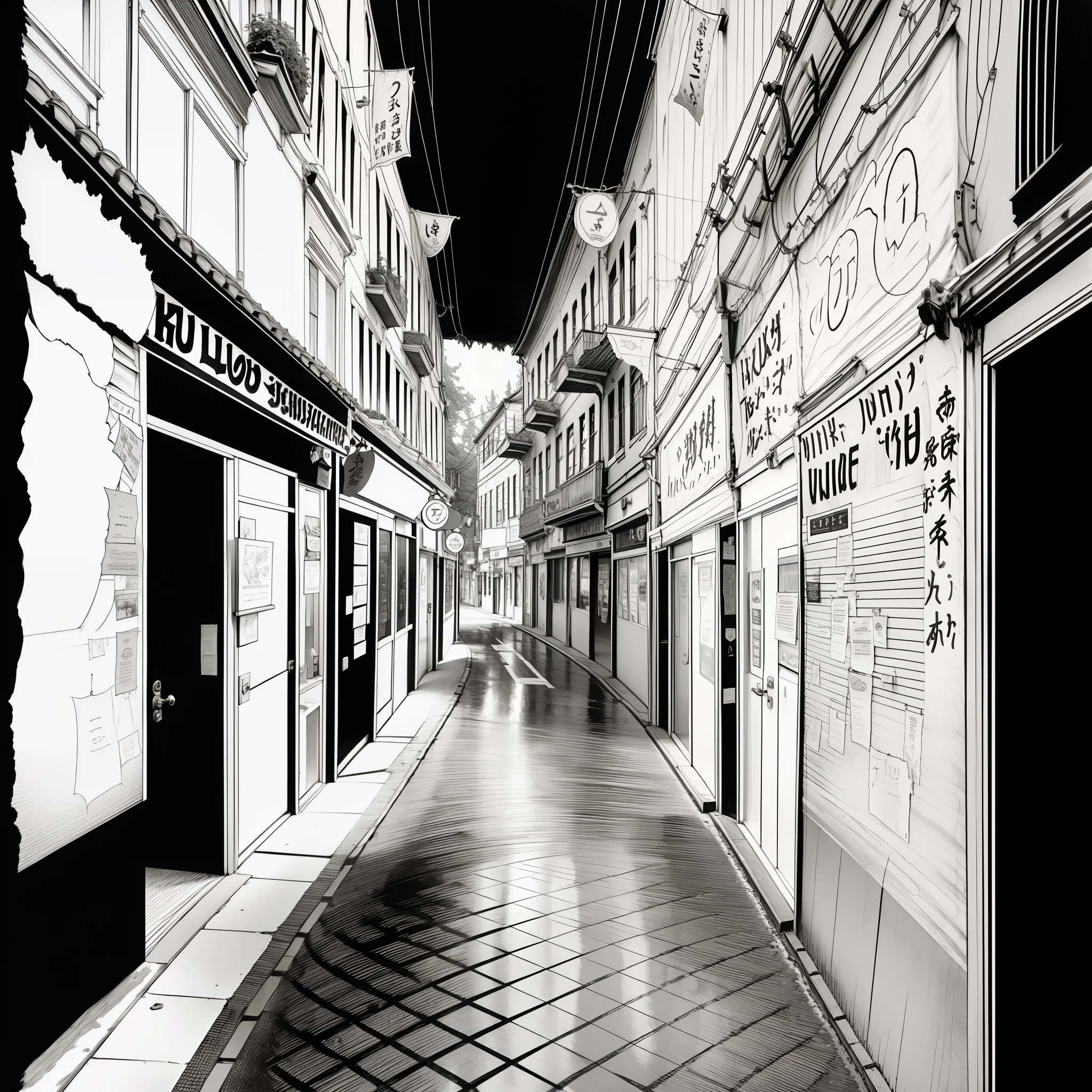 rua da cidade,perpectiva,detalhado,manga style,black is white,lineart preto e branco,lineart com linhas finas