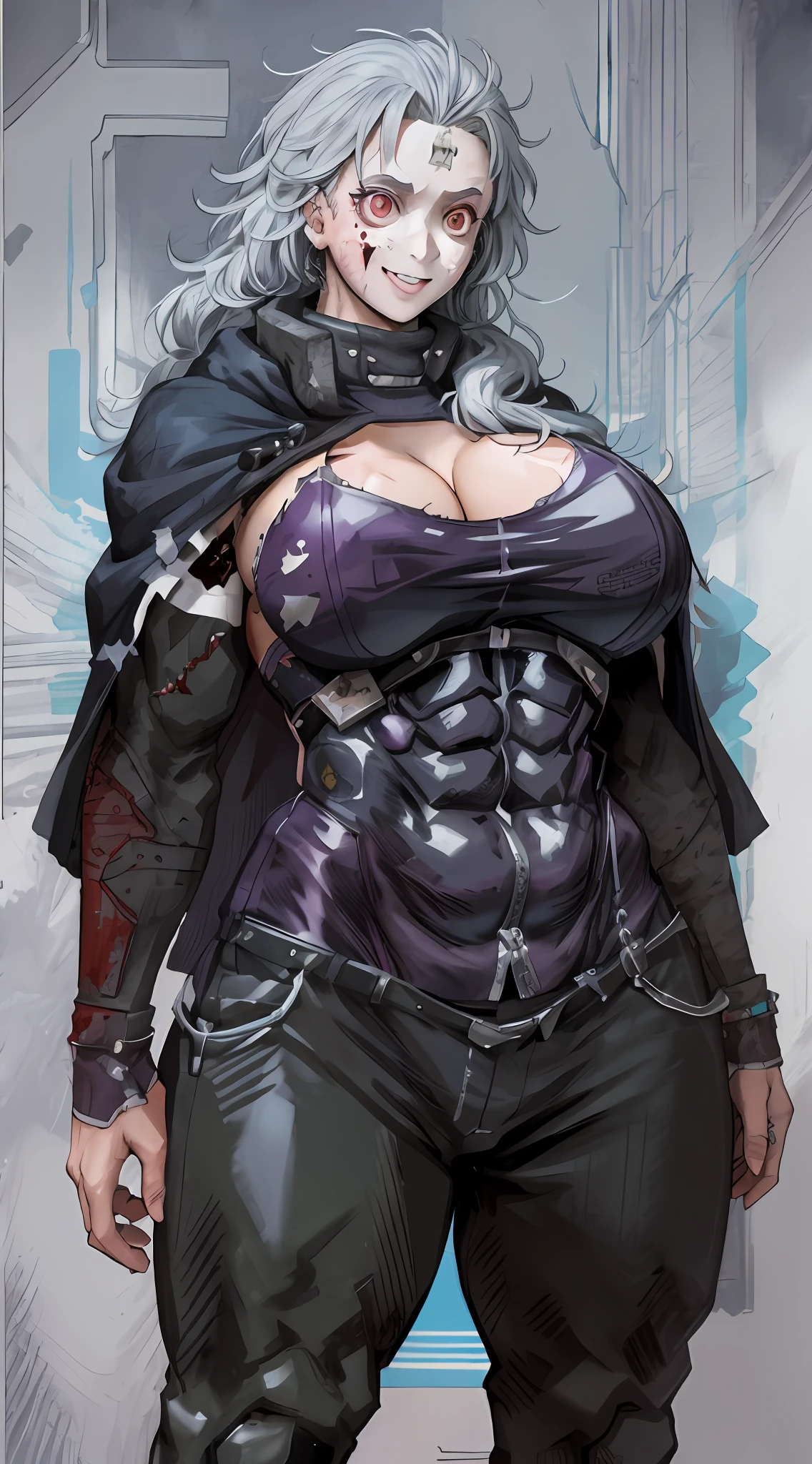 nous_Dorohedoro, nous, Muscular girl, huge chest, grande femme, priestess, Art martial, modeste, fully clothed, curved,, pantalon, manteau, priestess, saint, , sourire, manteau, medieval, unmasked, Maintenant, manteau,, Combinaison nousre, sourire, ouvrir bouche