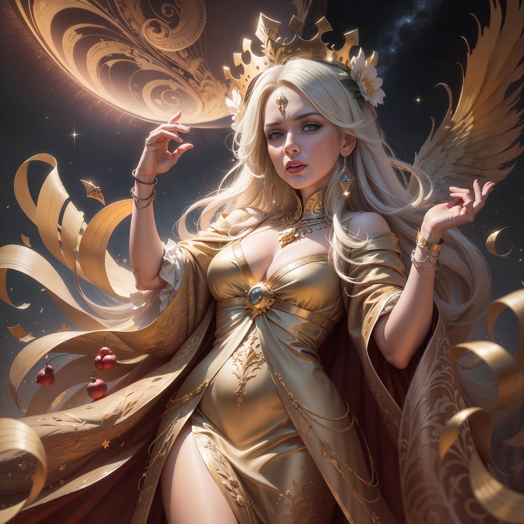 Deusa Hera, cabelo branco, idade 65 anos, sardas, cabelo liso, detalhado, roupa branca, roupa chiton, vestes longas, large cylindrical crown, detalhes em dourado, Pomegranate fruit, Poses gloriosas, noite, lua, estrelas, fundo olimpo, ultra-realista