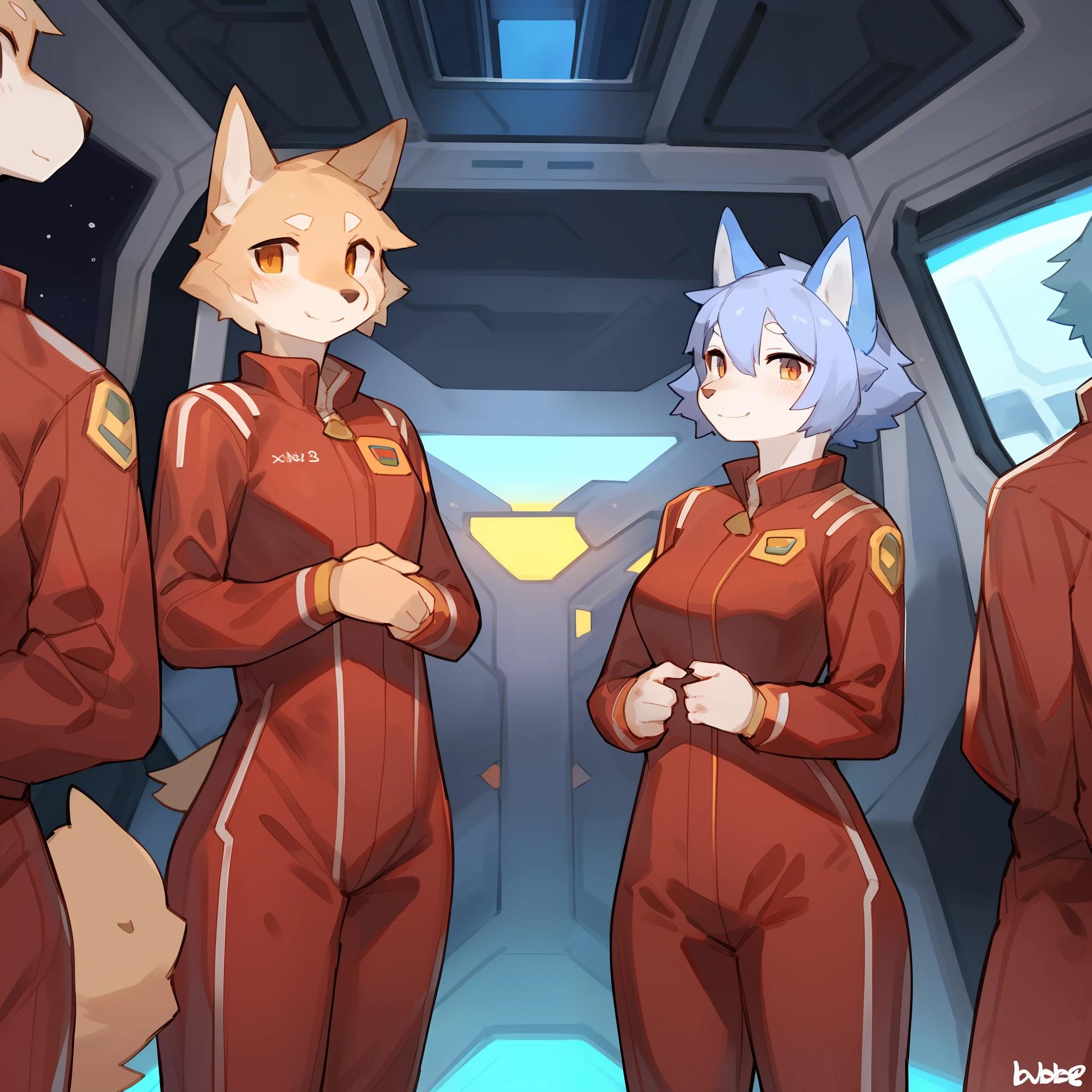 Group photo, red uniform, red uniforms, red jumpsuit, red spacesuit, male, female, smiling, facing viewer, standing shoulder to shoulder, detailed hands, standing in line, space, spaceship, window, (((by bebebebebe))), by buta99, canine, feline, hair, a diverse group of anthro characters standing shoulder to shoulder in red spacesuit uniforms