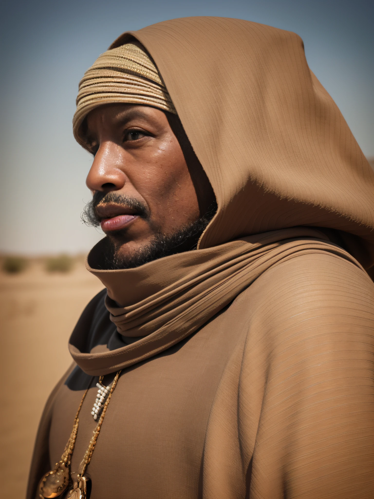 mouth and head covered with clothing, tuareg man, high contrast, sunny day, side view, medium portrait