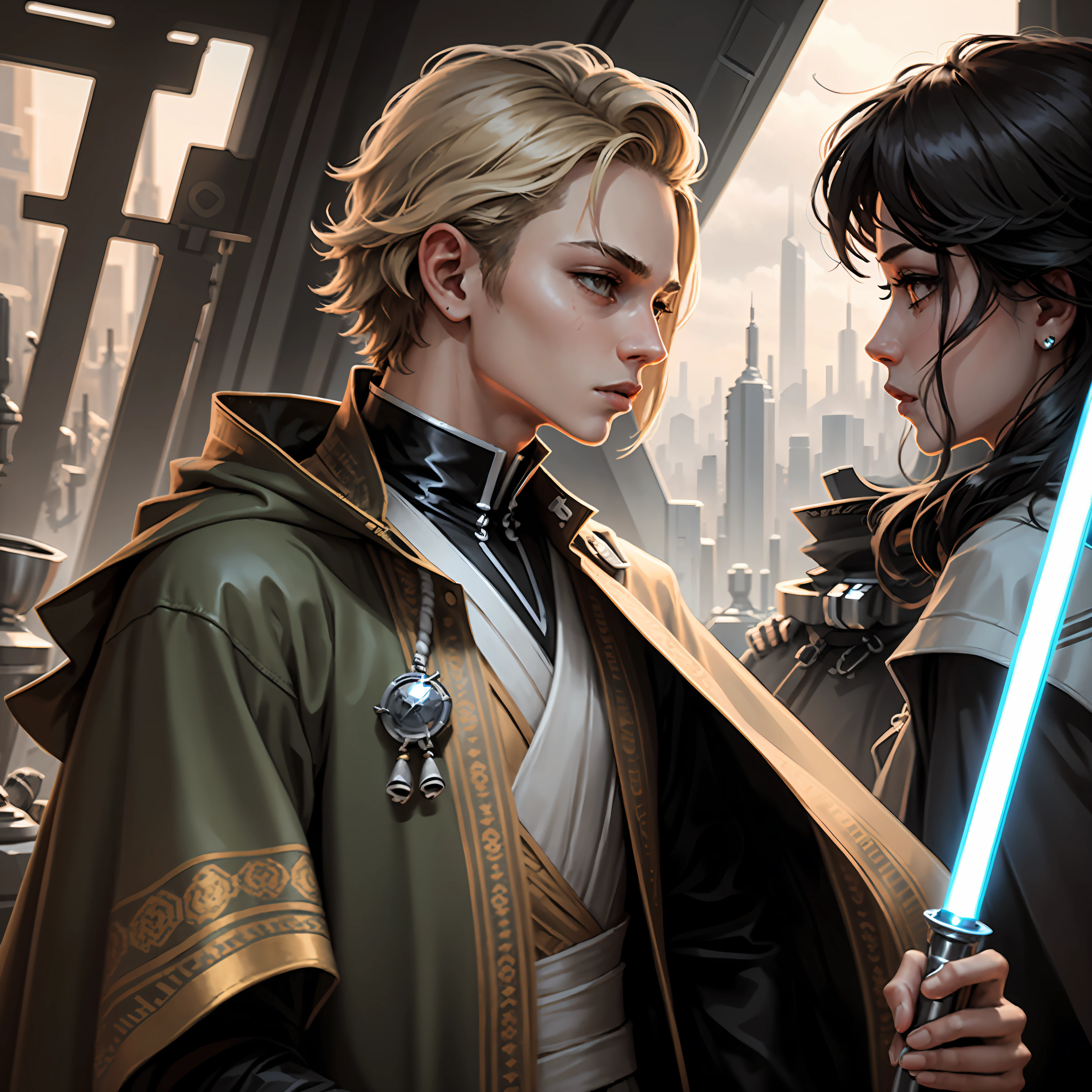 An 18-year-old star wars-style young man on a futuristic epic background, wearing white Jedi clothing with gold accents, 1:1 profile picture, symmetrical hands --auto --s2
