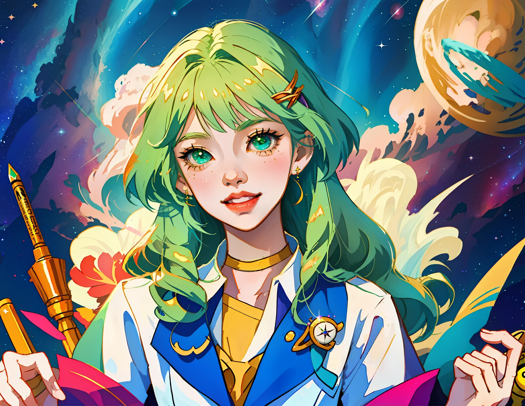 Chica de anime sentada en una ola con una estrella en la mano, maho shojo, mahou shoujo, magical girl, sailor fuku, happy, joyful, joyfull, young girl, chibi, a girl drawing with a pencil, with a magical pencil on her hand, Hada astral, Ilustraciones oficiales, Arte digital en Pixiv, with a giant pincel on her hand, with a magical pencil, nime art wallpaper 8 k, anime girl with cosmic hair, Macross Delta Splash Art, Estilo Pixiv, high quality anime artstyle, splash art anime , anime art wallpaper 4k, anime art wallpaper 4 k, green hair, green color palette, green color palete, cosmic sky,