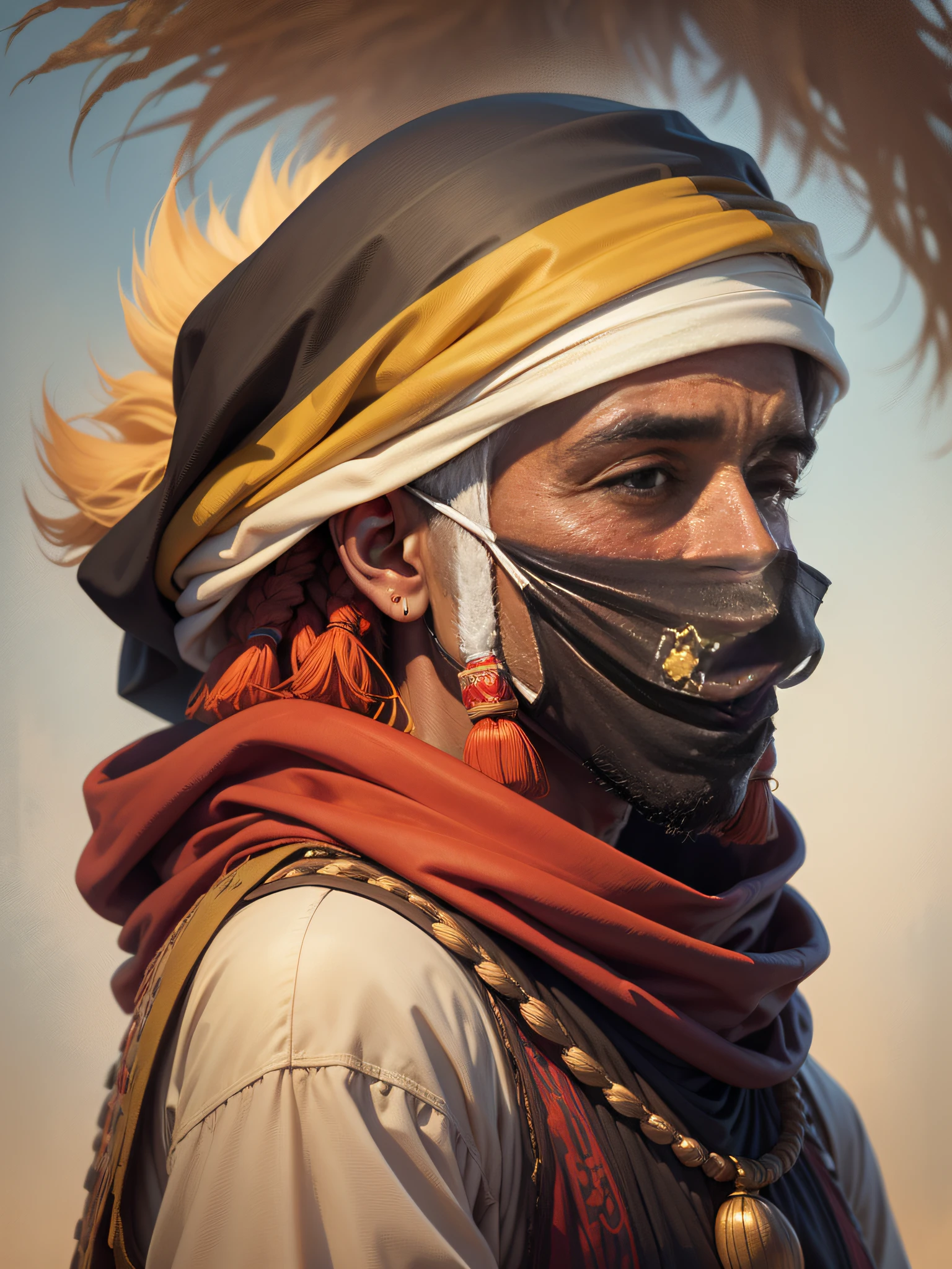 mouth and head covered with clothing, tuareg man, high contrast, sunny day, side view, medium portrait