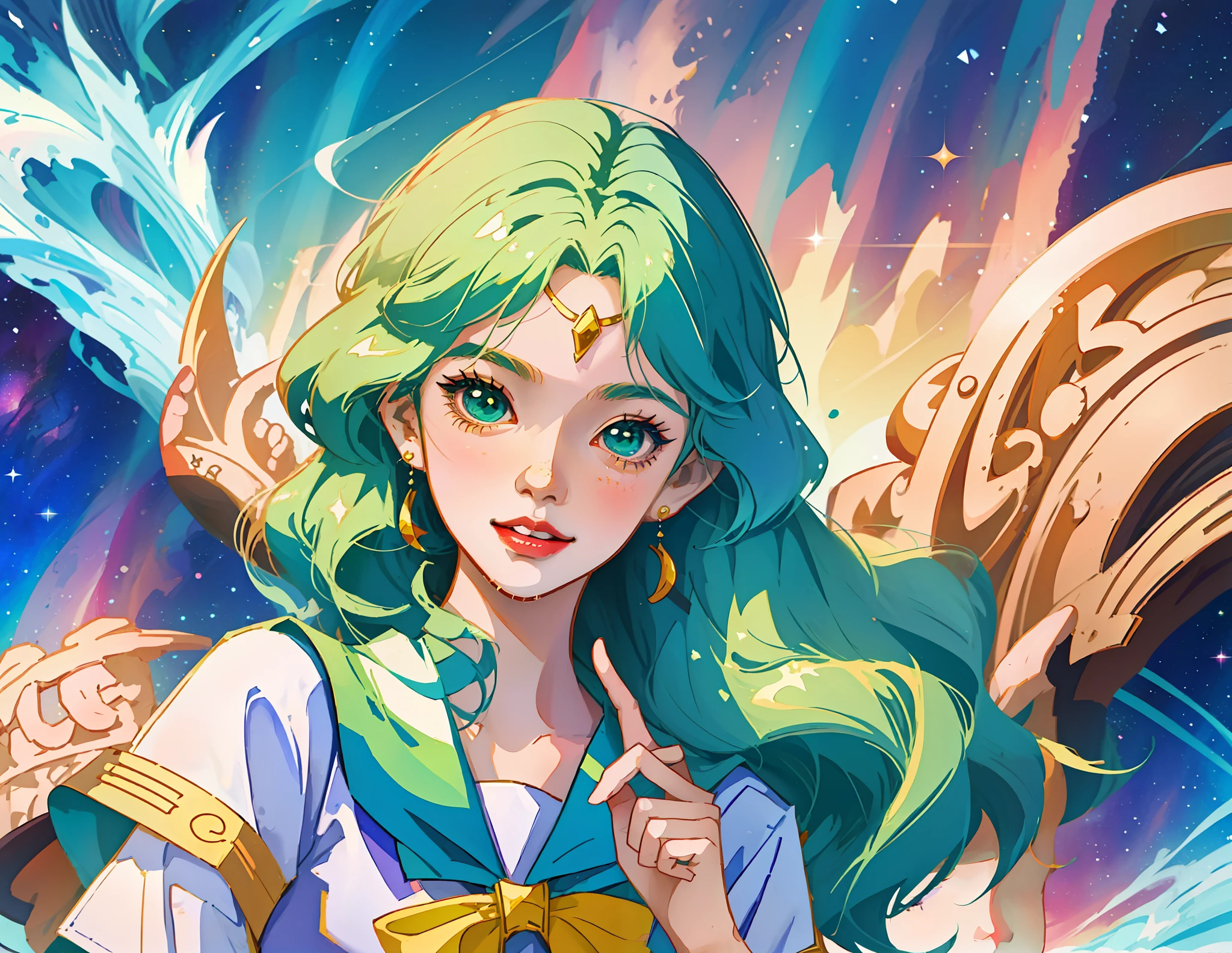 Chica de anime sentada en una ola con una estrella en la mano, maho shojo, mahou shoujo, magical girl, sailor fuku, happy, joyful, joyfull, young girl, chibi, a girl drawing with a pencil, with a magical pencil on her hand, Hada astral, Ilustraciones oficiales, Arte digital en Pixiv, with a giant pincel on her hand, with a magical pencil, nime art wallpaper 8 k, anime girl with cosmic hair, Macross Delta Splash Art, Estilo Pixiv, high quality anime artstyle, splash art anime loli, anime art wallpaper 4k, anime art wallpaper 4 k, green hair, green color palette, green color palete, cosmic sky,