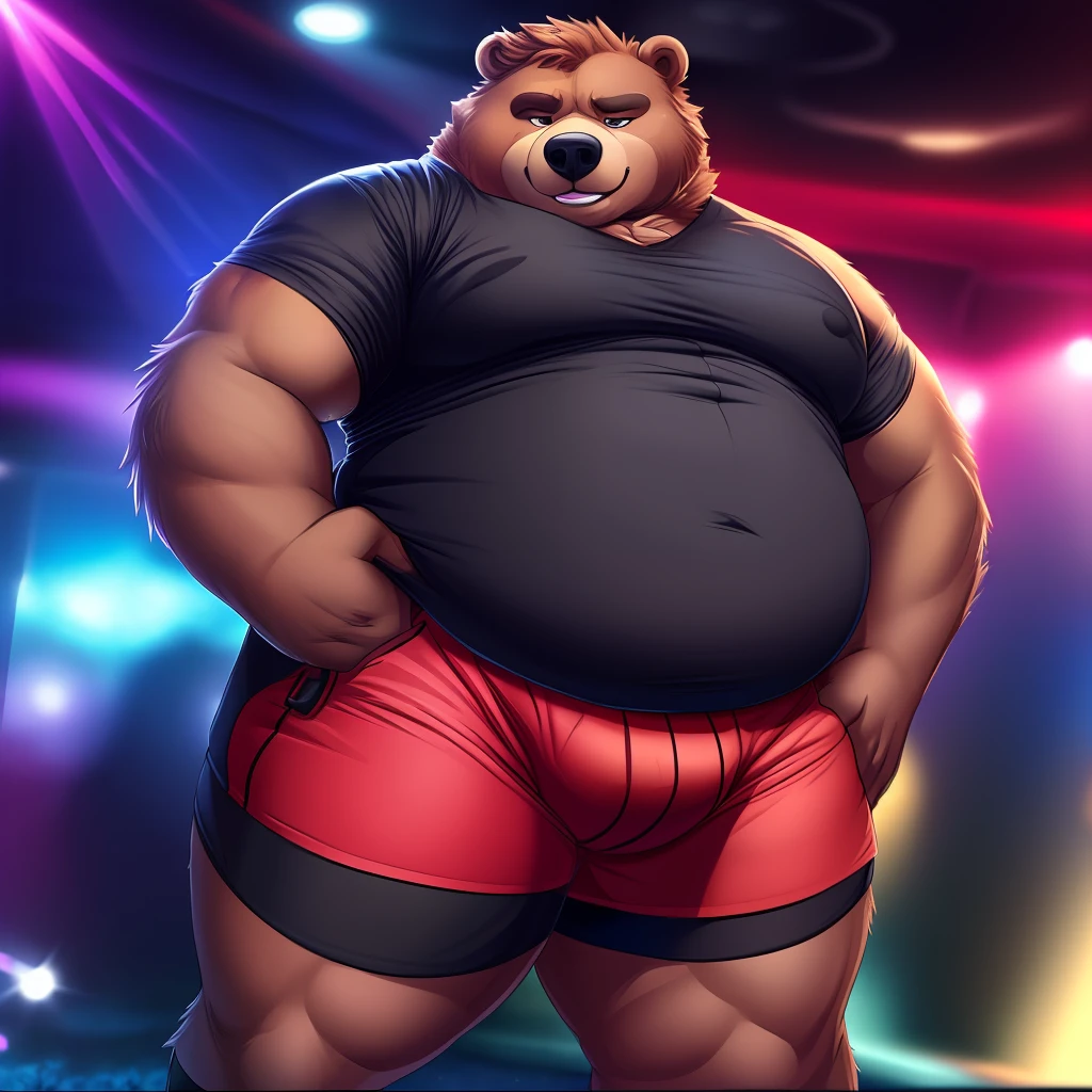 (best quality, masterwork:1.5), anthro brown bear, fat, muscles, dumb expression, white t-shirt, face photo