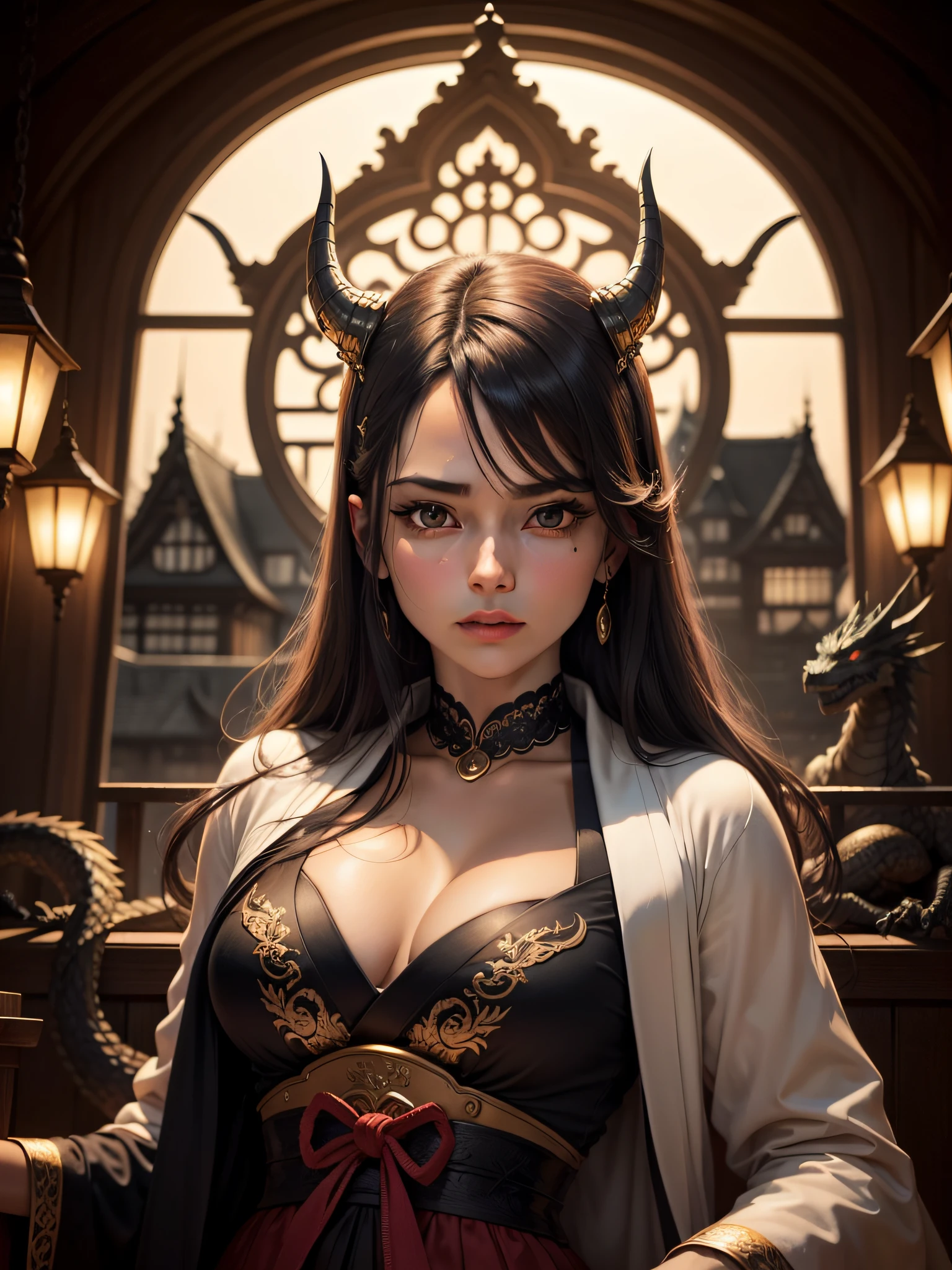 ((mulher de 45 anos)), cabelo de cor vermelho, de peitos pequenos, Japanese castle scenery with slightly high night light, (corpo perfeito), usando o manto preto, mysterious expression on the face, sentada em seu trono, with a dragon in the background, (ultra detalhado: 1.3), (autadefinição: 1,6)