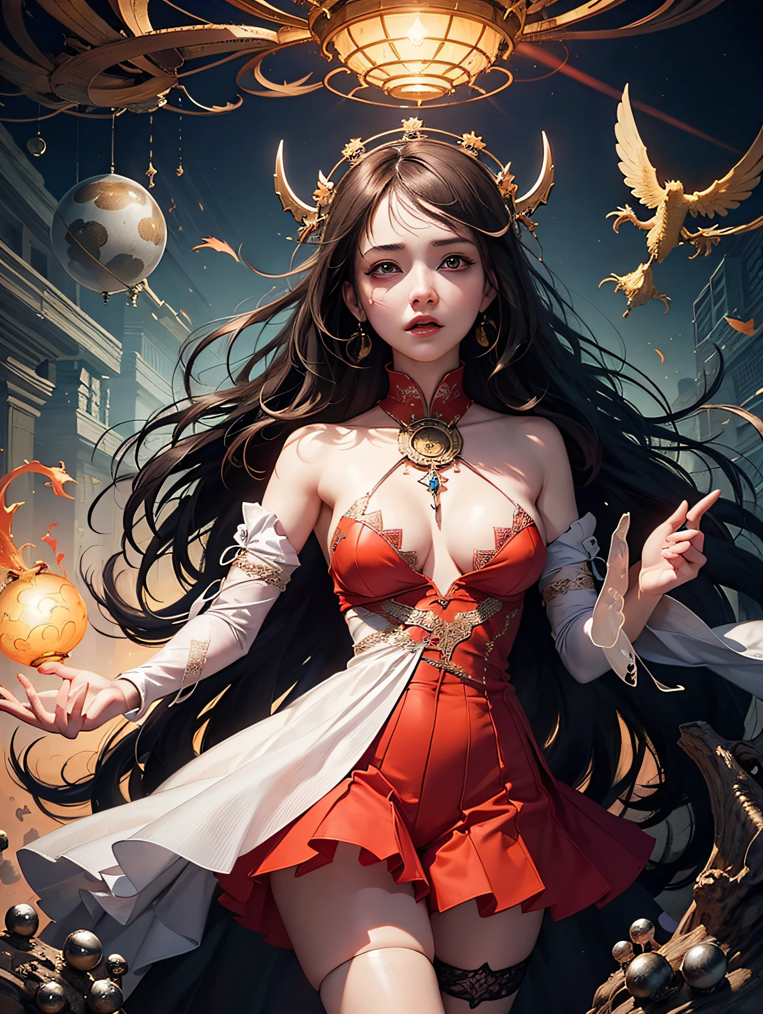 ((mulher de 45 anos)), cabelo de cor vermelho, de peitos pequenos, Japanese castle scenery with slightly high night light, (corpo perfeito), usando o manto preto, mysterious expression on the face, sentada em seu trono, with a dragon in the background, (ultra detalhado: 1.3), (autadefinição: 1,6)