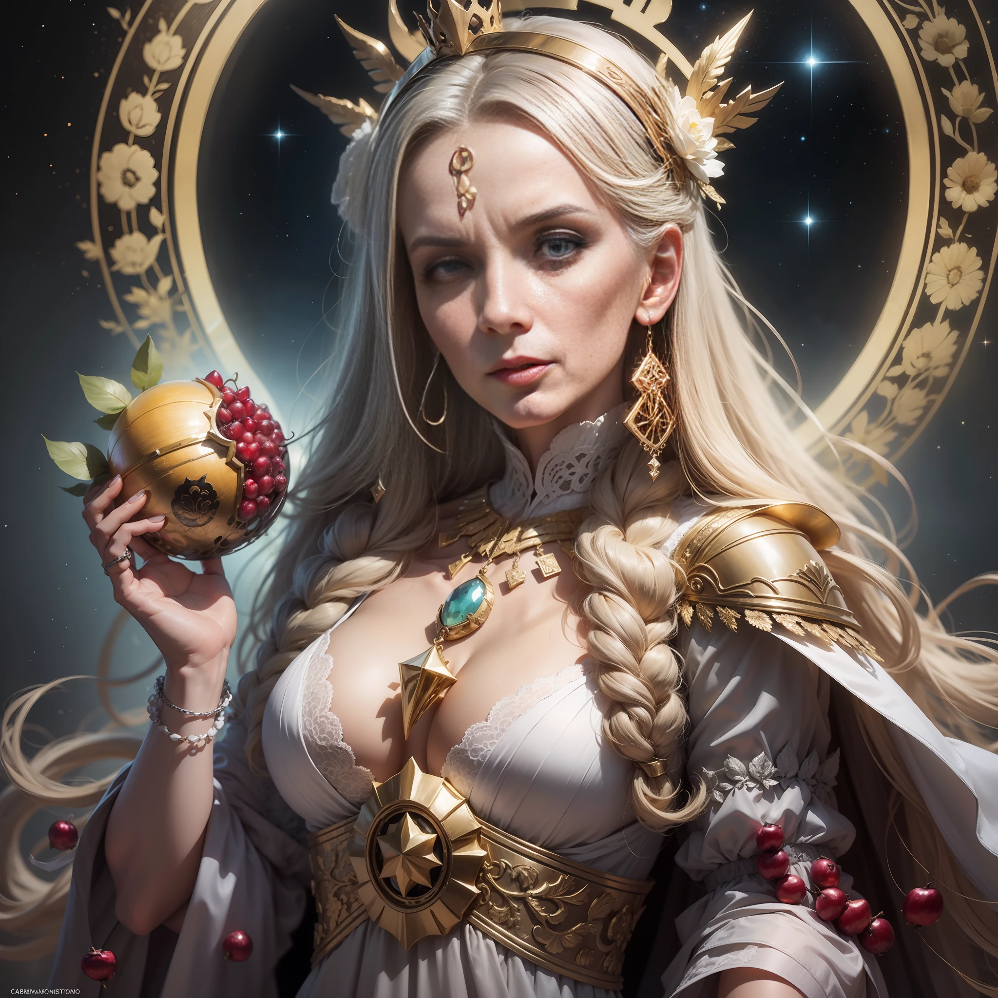 Deusa Hera, cabelo branco, idade 65 anos, sardas, cabelo liso, detalhado, roupa branca, roupa chiton, vestes longas, large cylindrical crown, detalhes em dourado, Pomegranate fruit, Poses gloriosas, noite, lua, estrelas, fundo olimpo, ultra-realista