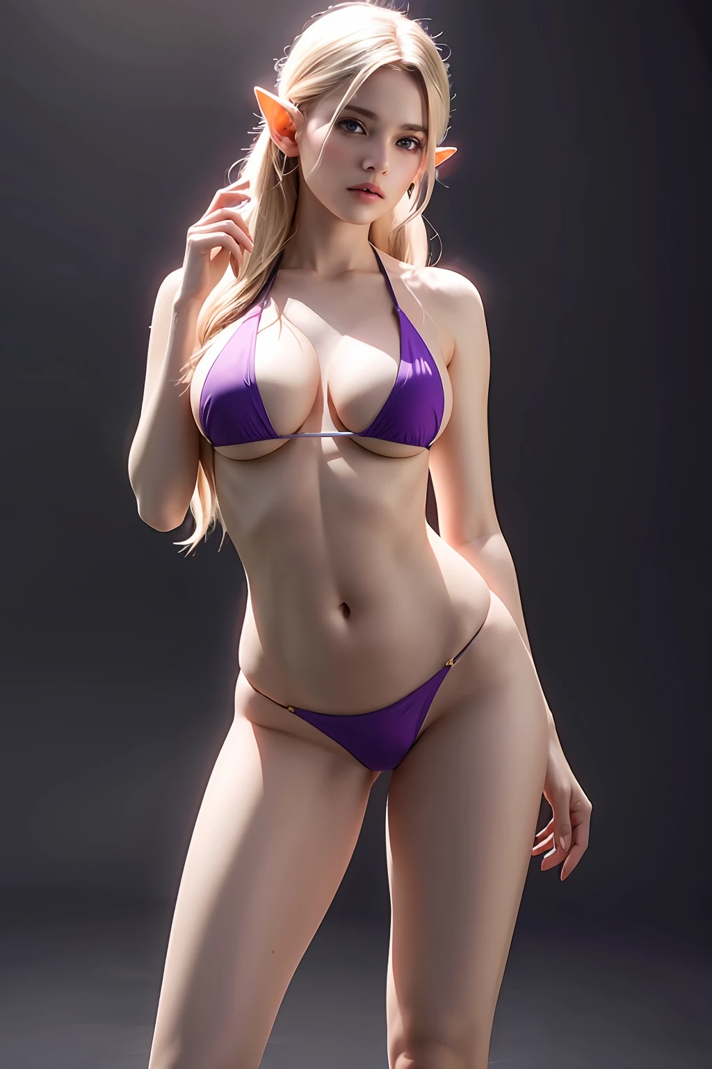 Ultra-detailed complex 3D rendering of face, (Colossal: 8.8), (masterpiece, top quality, octane rendering,), glamour shots full body image, very beautiful young elf, cleavage, (very detailed skin: 1.2), (exposure: 1.1), blonde, pretty woman getting naked. blonde, (((purple bikini: 1.95))))). 40k, ((very soft breasts)), ((conspicuous large pink areola)). Beautiful Caucasian woman with black skin with full soft breasts and black skin of big ass, one, long braided hair, big breasts, dynamic angle, mystical expression, ultra-realistic photo, (((portrait)))), bare feet, futuristic city background, facial muscles, detailed and beautiful gold crown, in the style of Marvel Comics, ArtStation trends, clear focus, studio photography, Intricate detail, highly detailed, detailed blue eyes, highly detailed, sharp focus, digital rendering, professional, abs, dark gray background,