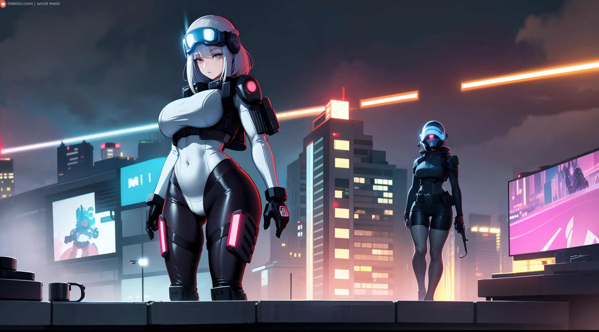 1girl, anime girl, commission for high res, thicc, [ 4 k digital art ]!!, sfw version, detailed fanart, oc commission, character is in her natural pose, anime lush, combine assassin, 1girl, solo, helmet, gloves, military, science fiction, shoulder armor, bulletproof vest, goggles, glowing eyes, petite, black bodysuit, white armor, large breasts, ass, presenting, wide hips, combine assassin, cyberpunk, city, tower, dystopia, neotokyo, ghost in the shell, blue camo, white vest, skintight, exposed thighs, exposed stomach, exposed hips, sexy tight clothes, full body shot, bike shorts, exposed legs, bare legs, street, neon light, blade runner 2049, holograms, hologram billboard, backround characters, backround, police, corporate, rooftop roof, appartment, night time, moon stars, night sky,