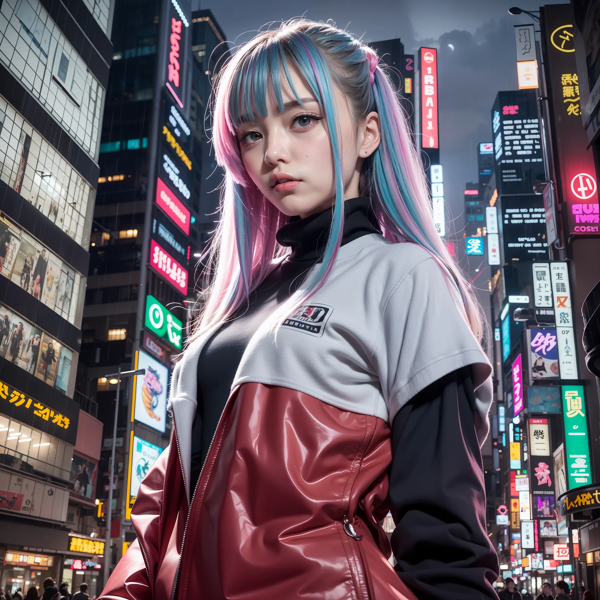 neonninja style、未来の街の中ででサイバーパンクのキャラクターとして光沢感のあるシルバー色の服を着た若い1日本人の女の子。Hair scrunchies, the hime cut, silver hair,, Color Chip, medium Hair, multicoloured hair, Bangs parting, parted lips, red lipstick、fullmoon, grey eyes, Sexiness and coolness、NIGHT、neons、Future、Concept art、The world of Blade Runner、TORON's Worldview、Ghost in the Shell Worldview、painting、Illuminated、crose up、Detailed light、Backlit glow。Rainy night in cyberpunk city with glowing neon lights。Dynamic and dynamic composition。