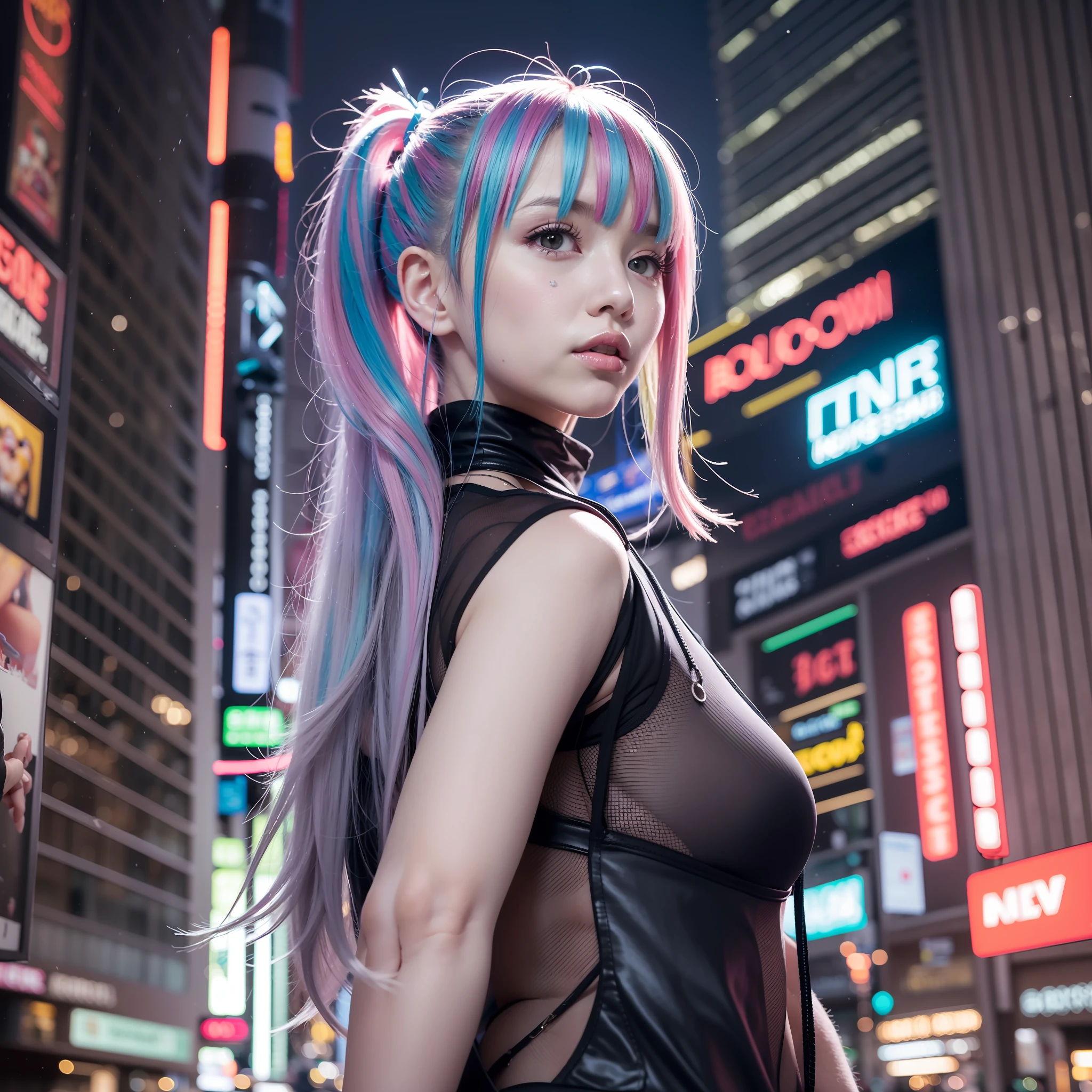 neonninja style、未来の街の中ででサイバーパンクのキャラクターとして光沢感のあるシルバー色の服を着た若い1日本人の女の子。Hair scrunchies, the hime cut, silver hair,, Color Chip, medium Hair, multicoloured hair, Bangs parting, parted lips, red lipstick、fullmoon, grey eyes, Sexiness and coolness、NIGHT、neons、Future、Concept art、The world of Blade Runner、TORON's Worldview、Ghost in the Shell Worldview、painting、Illuminated、crose up、Detailed light、Backlit glow。Rainy night in cyberpunk city with glowing neon lights。Dynamic and dynamic composition。