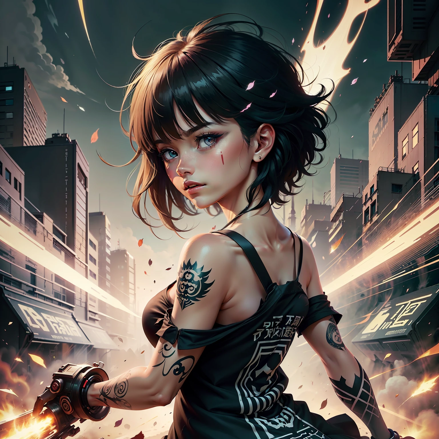 :: comix style ryuko hikari ::2.9 style ::2.0 comix illustration style ,digital illustration of beautiful female character in toh-yasu drawing style illustrator, anime style, body with futuristic tribal tattoo style designs in dragon shape, serious face and ultra detailed artwork, graffiti style destroyed city scenery with camera focus, (beautiful and clear background:1.2),,(( beautiful woman )), ( detailed eyes and detailed face:1.3), (t-shirt or dress:1.3), (beautiful and clear background:1.2), (extremely detailed, ultra-detailed, best shadow:1.1),bare shoulders, flowers and petals, , (white background:0.5), (illustration :1.1), (extremely fine and beautiful girl:1.1), (perfect details:1.1) --auto