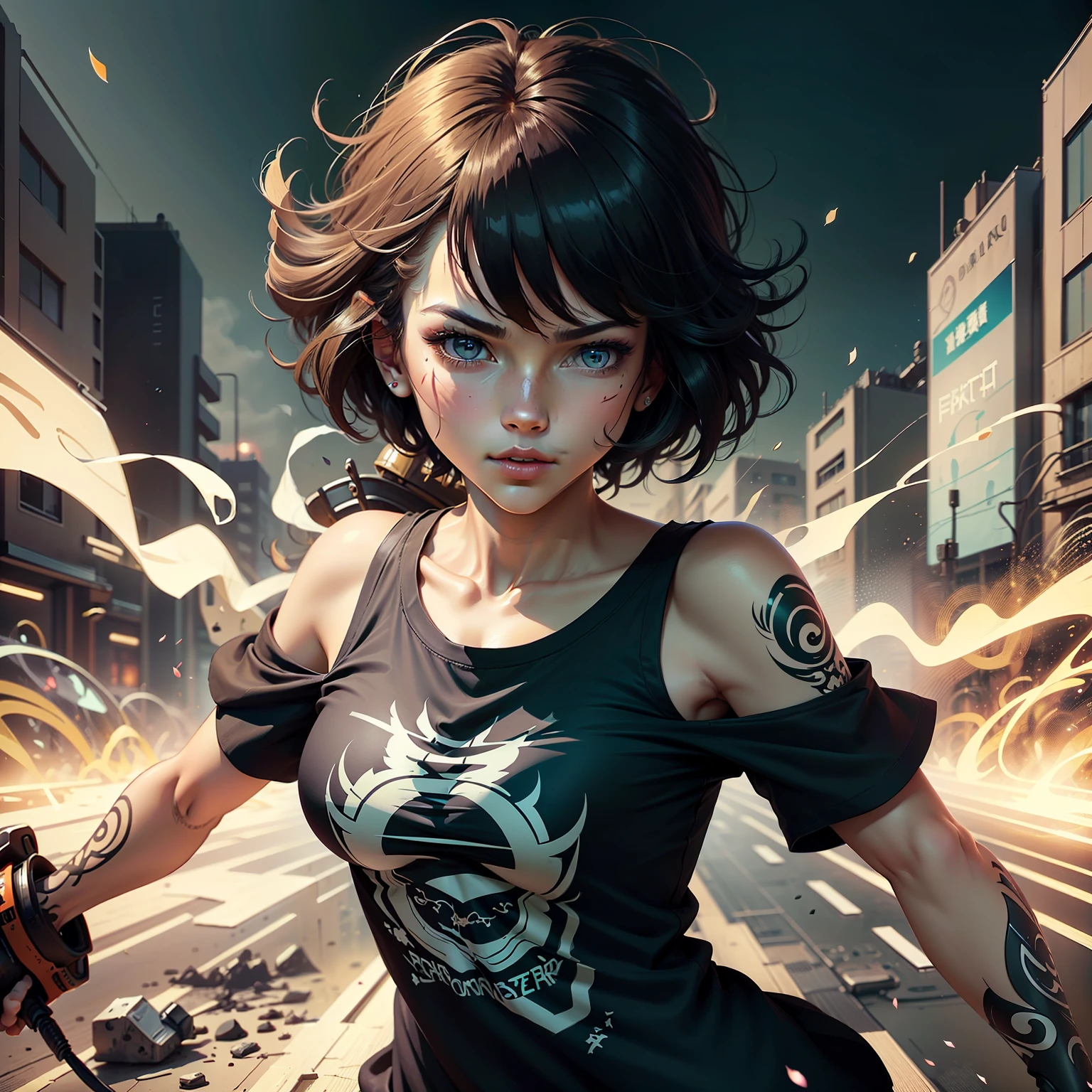 :: comix style ryuko hikari ::2.9 style ::2.0 comix illustration style ,digital illustration of beautiful female character in toh-yasu drawing style illustrator, anime style, body with futuristic tribal tattoo style designs in dragon shape, serious face and ultra detailed artwork, graffiti style destroyed city scenery with camera focus, (beautiful and clear background:1.2),,(( beautiful woman )), ( detailed eyes and detailed face:1.3), (t-shirt or dress:1.3), (beautiful and clear background:1.2), (extremely detailed, ultra-detailed, best shadow:1.1),bare shoulders, flowers and petals, , (white background:0.5), (illustration :1.1), (extremely fine and beautiful girl:1.1), (perfect details:1.1) --auto