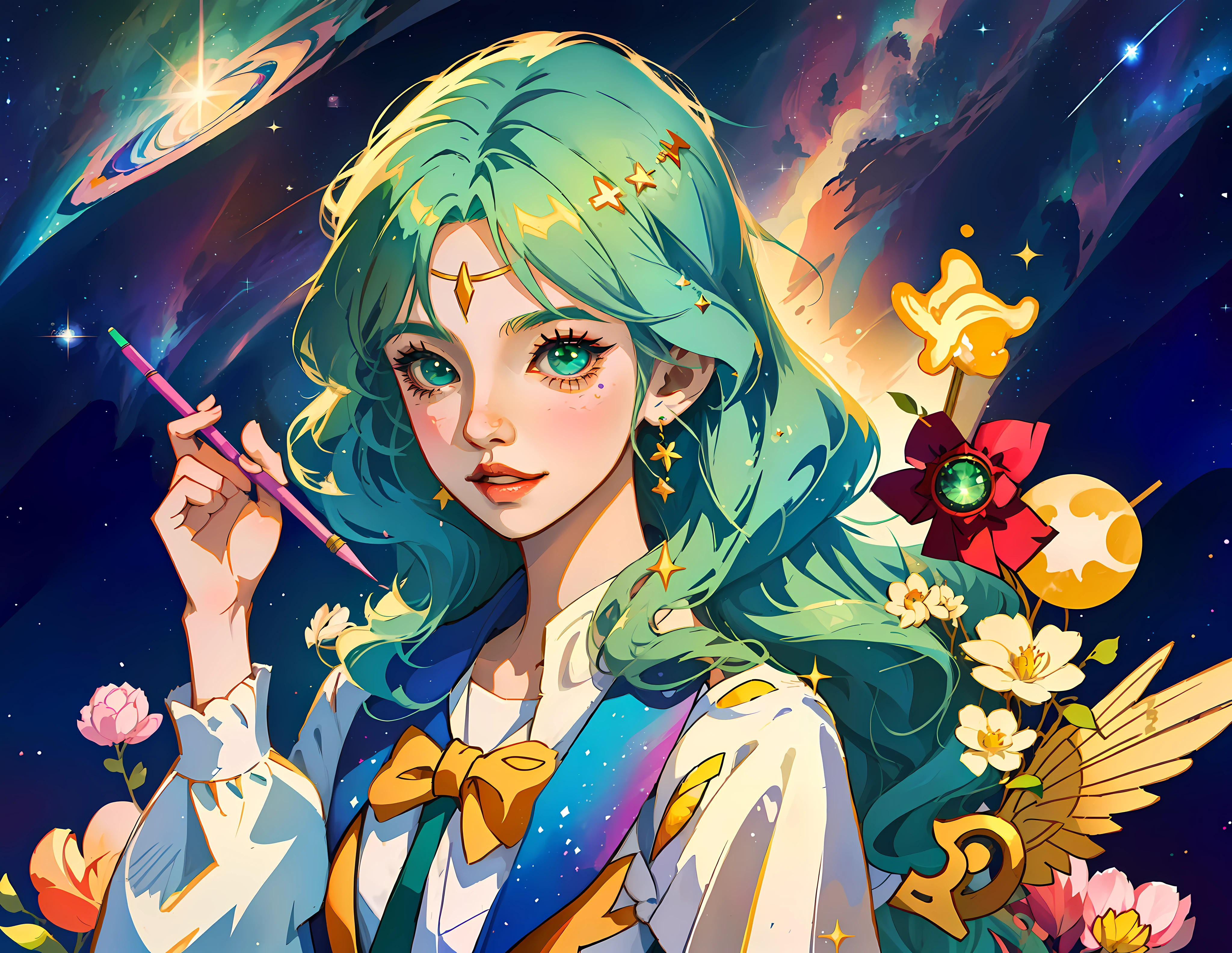 Chica de anime sentada en una ola con una estrella en la mano, maho shojo, mahou shoujo, magical girl, sailor fuku, happy, joyful, joyfull, young girl, chibi, a girl drawing with a pencil, with a magical pencil on her hand, Hada astral, Ilustraciones oficiales, Arte digital en Pixiv, with a giant pincel on her hand, with a magical pencil, nime art wallpaper 8 k, anime girl with cosmic hair, Macross Delta Splash Art, Estilo Pixiv, high quality anime artstyle, splash art anime , anime art wallpaper 4k, anime art wallpaper 4 k, green hair, green color palette, green color palete, cosmic sky,