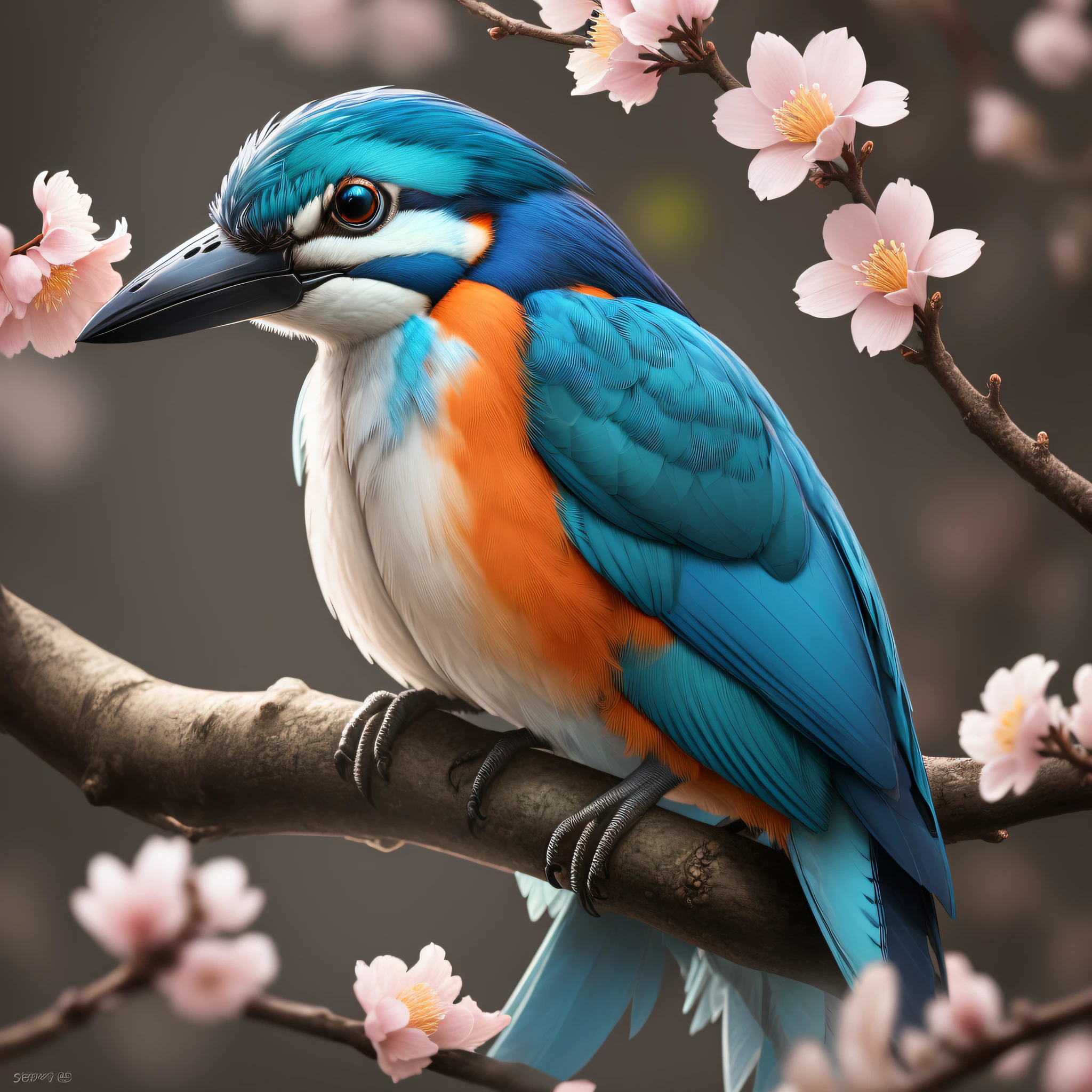Superb Kingfisher Near White Cherry Blossoms on Branches, Dark, Dawn, (Cold Morning: 1.1), (Morning Dew: 1.15), Realistic Photography, (Low Photo: 1.2), Detail, 8K, Intricate Folded Feathers, Water Droplets on Feathers, (to8contrast style), (MIST: 0.7), Bright Colors, Sony a6600 Mirrorless Camera, embellish2 --v 6
