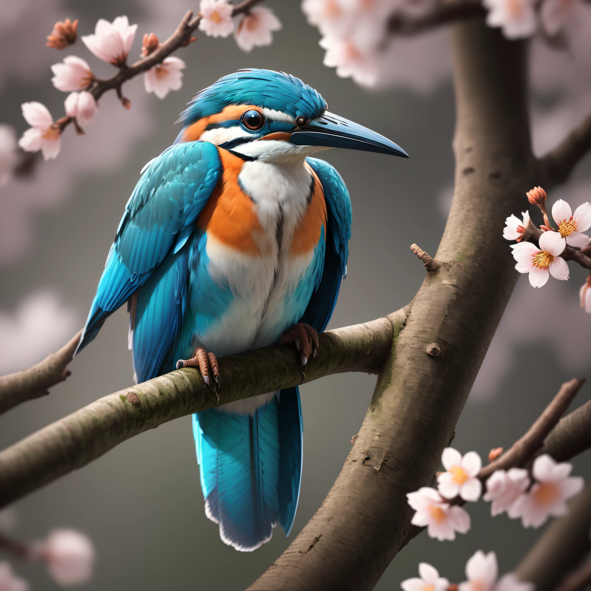 Superb Kingfisher Near White Cherry Blossoms on Branches, Dark, Dawn, (Cold Morning: 1.1), (Morning Dew: 1.15), Realistic Photography, (Low Photo: 1.2), Detail, 8K, Intricate Folded Feathers, Water Droplets on Feathers, (to8contrast style), (MIST: 0.7), Bright Colors, Sony a6600 Mirrorless Camera, embellish2 --v 6