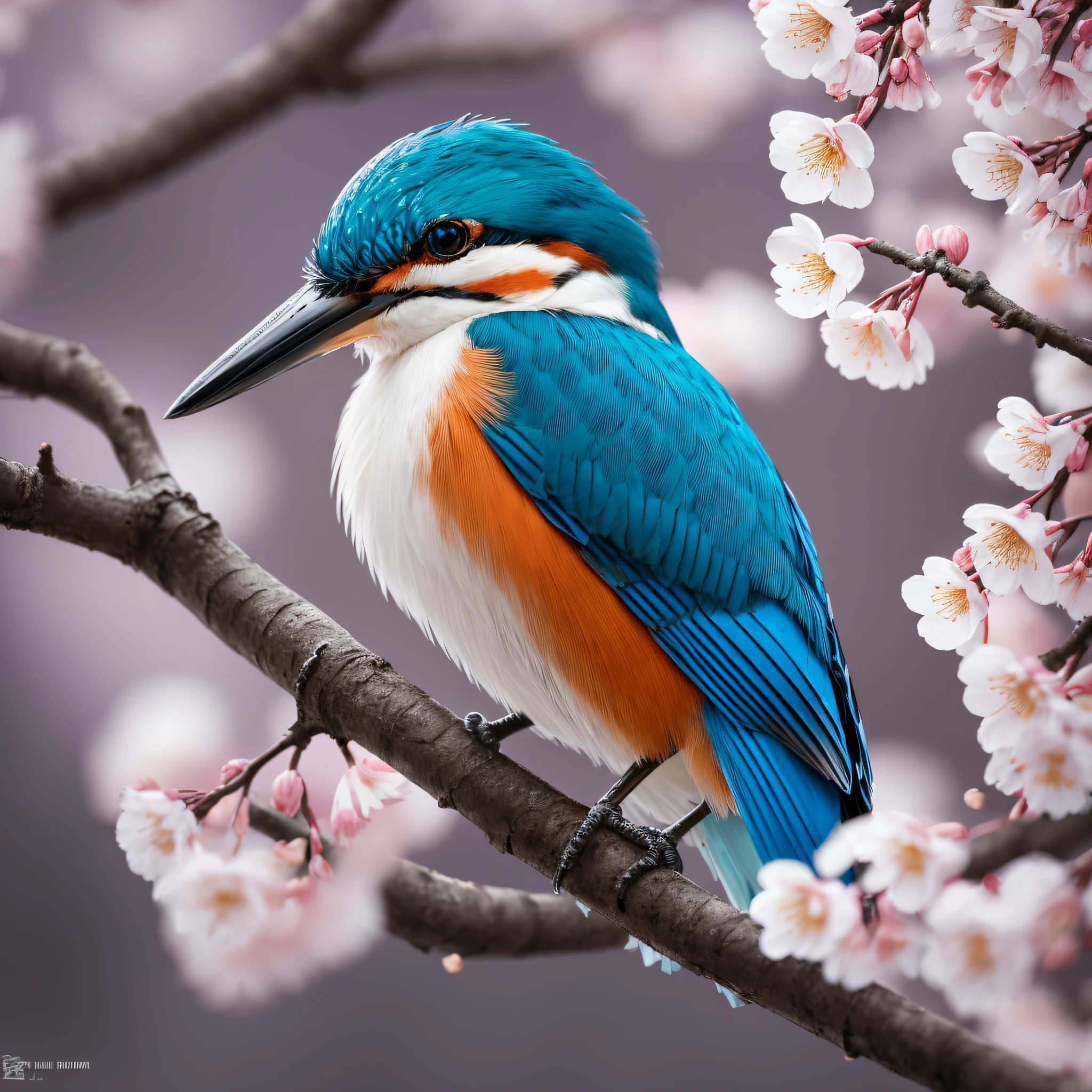 Superb Kingfisher Near White Cherry Blossoms on Branches, Dark, Dawn, (Cold Morning: 1.1), (Morning Dew: 1.15), Realistic Photography, (Low Photo: 1.2), Detail, 8K, Intricate Folded Feathers, Water Droplets on Feathers, (to8contrast style), (MIST: 0.7), Bright Colors, Sony a6600 Mirrorless Camera, embellish2 --v 6