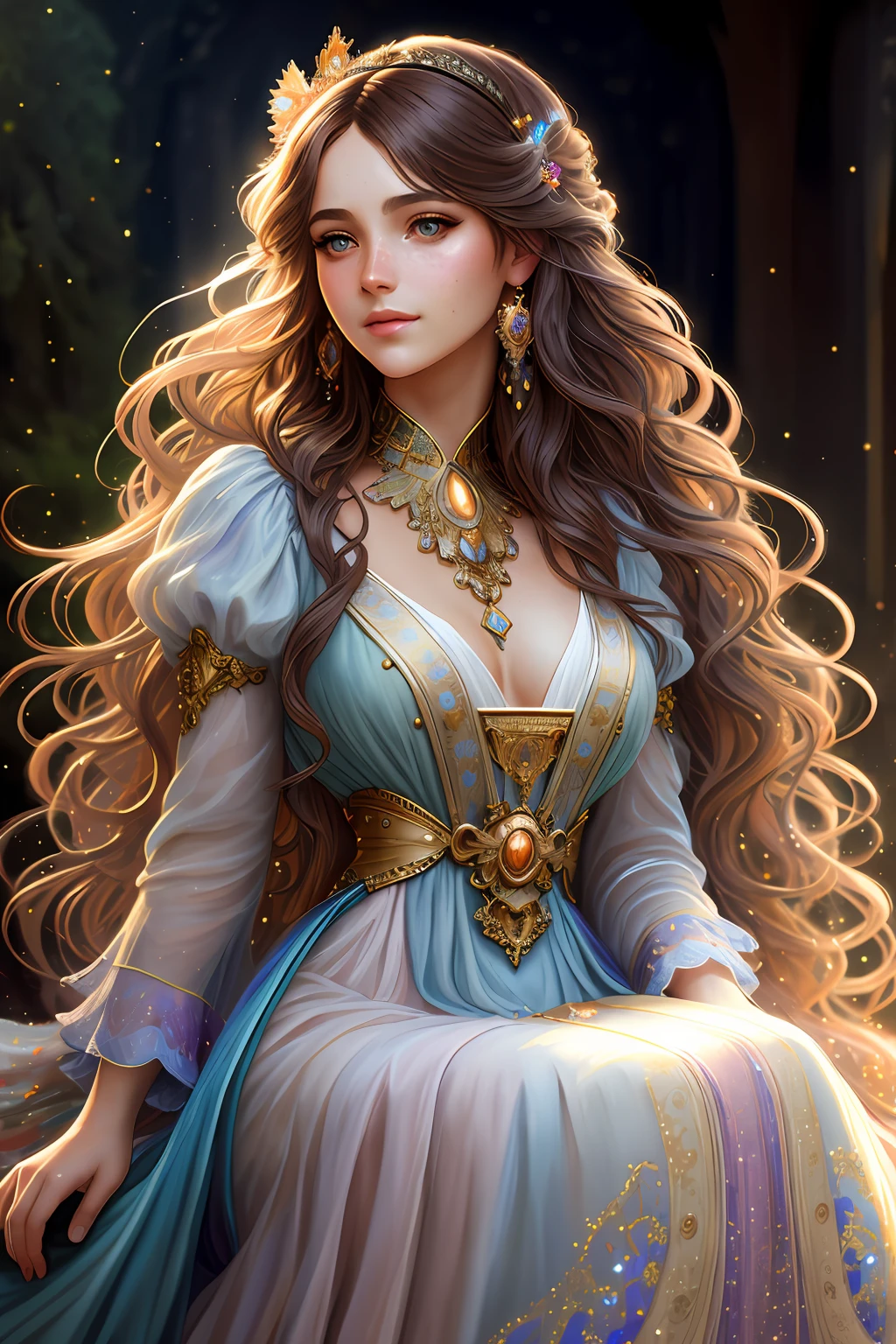 Night décor, A young woman with long dark brown wavy hair, very blue eyes, beau visage, as a Greek mythological goddess, robe blanche et or, high quality, digital art, Stylized composition, lisse et fine