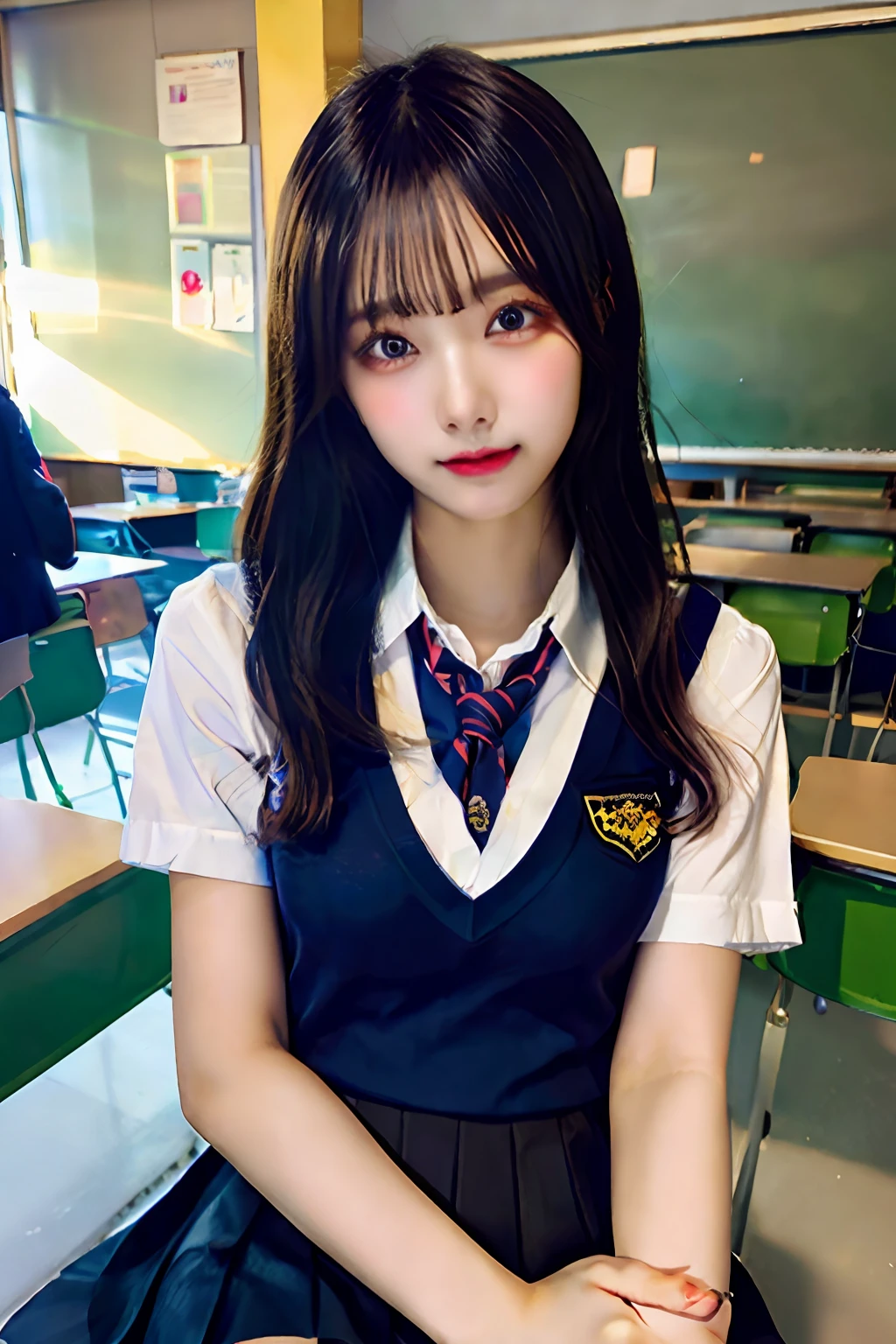 masterpiece, best quality, ultra-detailed, illustration, colorful, falt color, depth of field, lens flare,
1girl, anime, sitting, black hair, looking at viewer,school, classroom, pleated miniskirt , school uniform, serafuku, black pantyhose, detailed skin texture, detailed cloth texture, beautiful detailed face,