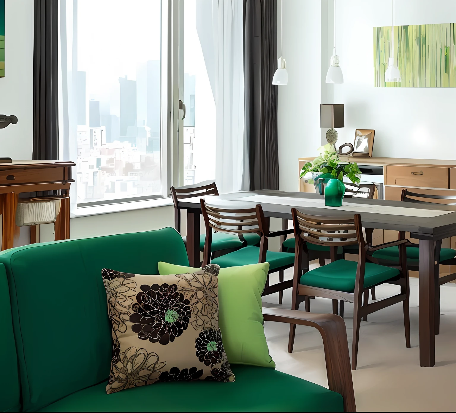 there is a green couch in a living room with a table and chairs, in a japanese apartment, acclaimed masterpiece, color,, retro style, vintage style, vibrant atmosphere, Look: City, city apartment cozy calm, retro stylised, lounge room, 3 color,, green color scheme, vibrant hues, modern look, interior photography, Vivid Details, vibrant and dynamic