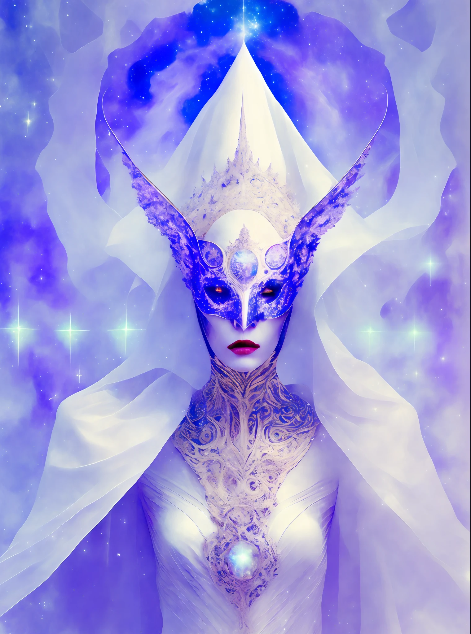 a stern Eldritch ancient god in the storm at night, draped in cloak of stars, [[Sophia Anne Caruso]], [Zendaya], translucent ivory masquerade mask of Eldritch horror, erotic pose, closed eyes, cinematic lighting, (by (Daniel Mernagh) (Carne Griffiths) Monika Nowak), highly detailed, detailed face, soft body, alien