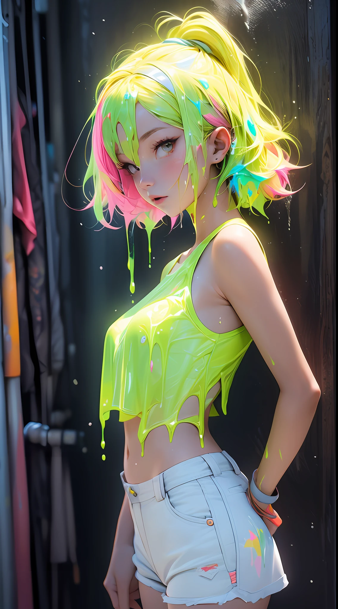 (Paint splashes),colorful color of the glow,lamplight,the girl,Look at the camera,Slime Girl,Flowing tank top shorts,Against the wall,big round eyes,Cutes,