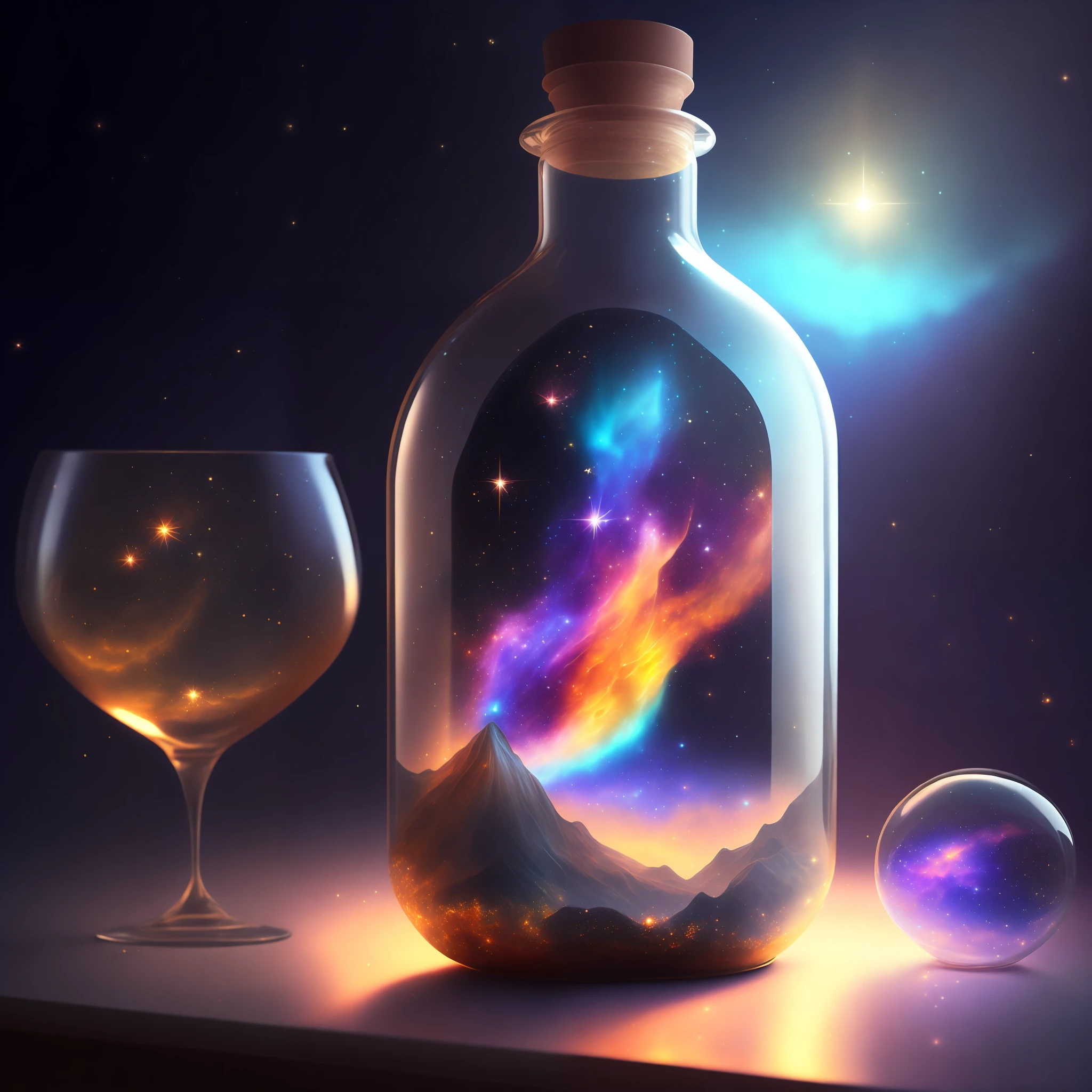 The universe, stars, nebula, galaxies, planet,. Everything that is, was, and ever will be, in a glass bottle sitting on top of a table, (photorealistic painting), conceptual art, light effects, modern fantasy,