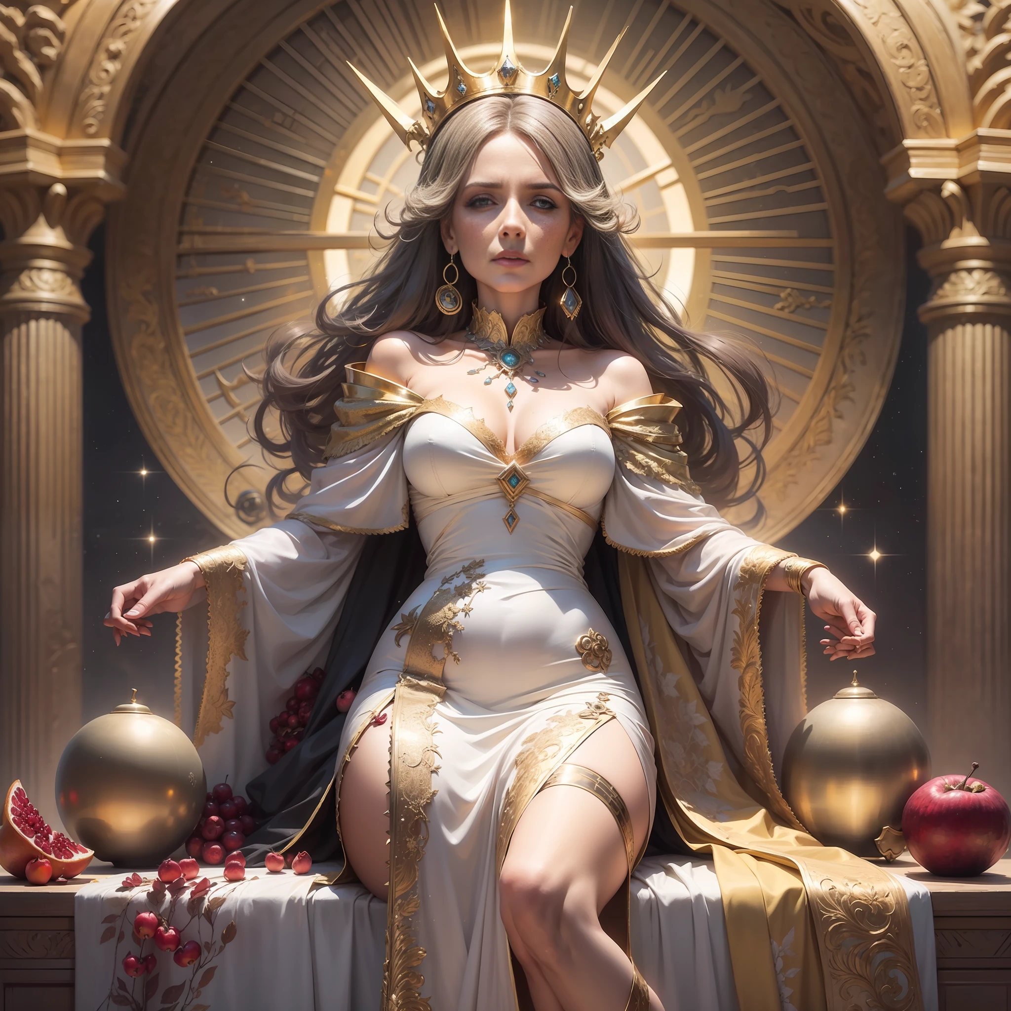 Deusa Hera, cabelo branco, idade 65 anos, sardas, cabelo liso, detalhado, roupa branca, roupa chiton, vestes longas, large cylindrical crown, detalhes em dourado, Pomegranate fruit, Poses gloriosas, noite, lua, estrelas, fundo olimpo, ultra-realista