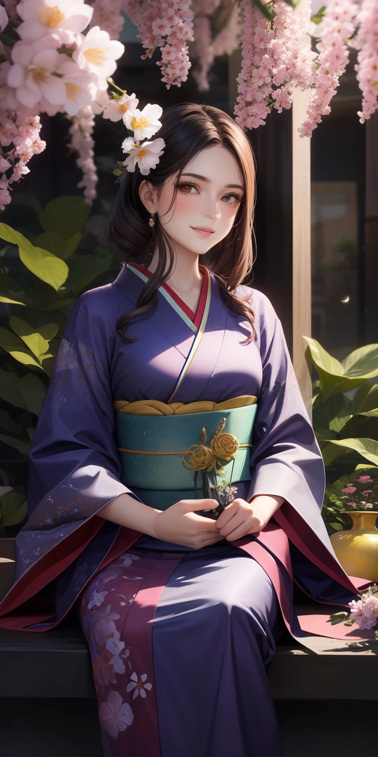 realista, 2girls, olhos vermelhos, 1mulher (cabelo longo preto), 1mulher (cabelo rosa), olhar brilhante, olhar confiante, sorrisos, blush, luz do dia, sol, oriental, kimono, amigas, amizade, passeio, montanhas ao fundo, flor de cerejeira, flores rasteiras