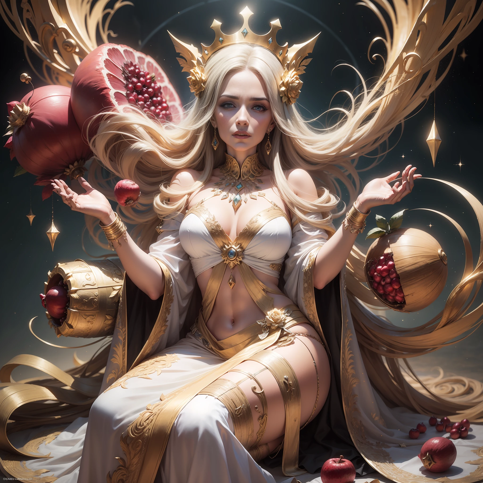 Deusa Hera, cabelo branco, idade 65 anos, sardas, cabelo liso, detalhado, roupa branca, roupa chiton, vestes longas, large cylindrical crown, detalhes em dourado, Pomegranate fruit, Poses gloriosas, noite, lua, estrelas, fundo olimpo, ultra-realista